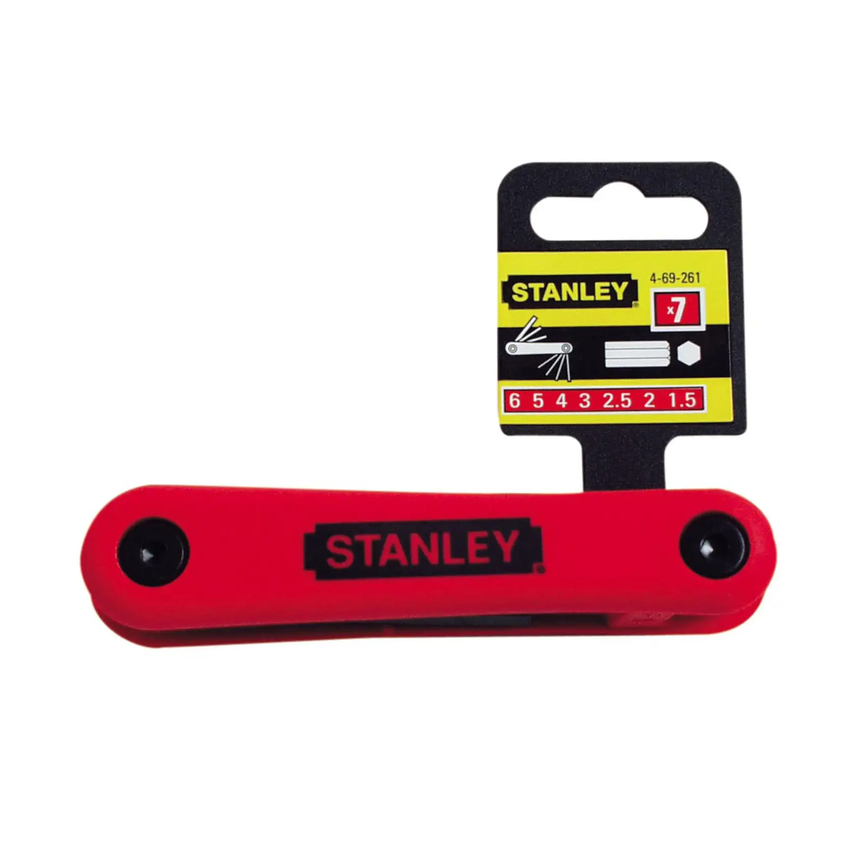 STANLEY 7-piece red folding hex key set, labeled 4-69-261, for various metric sizes. Photography category.
