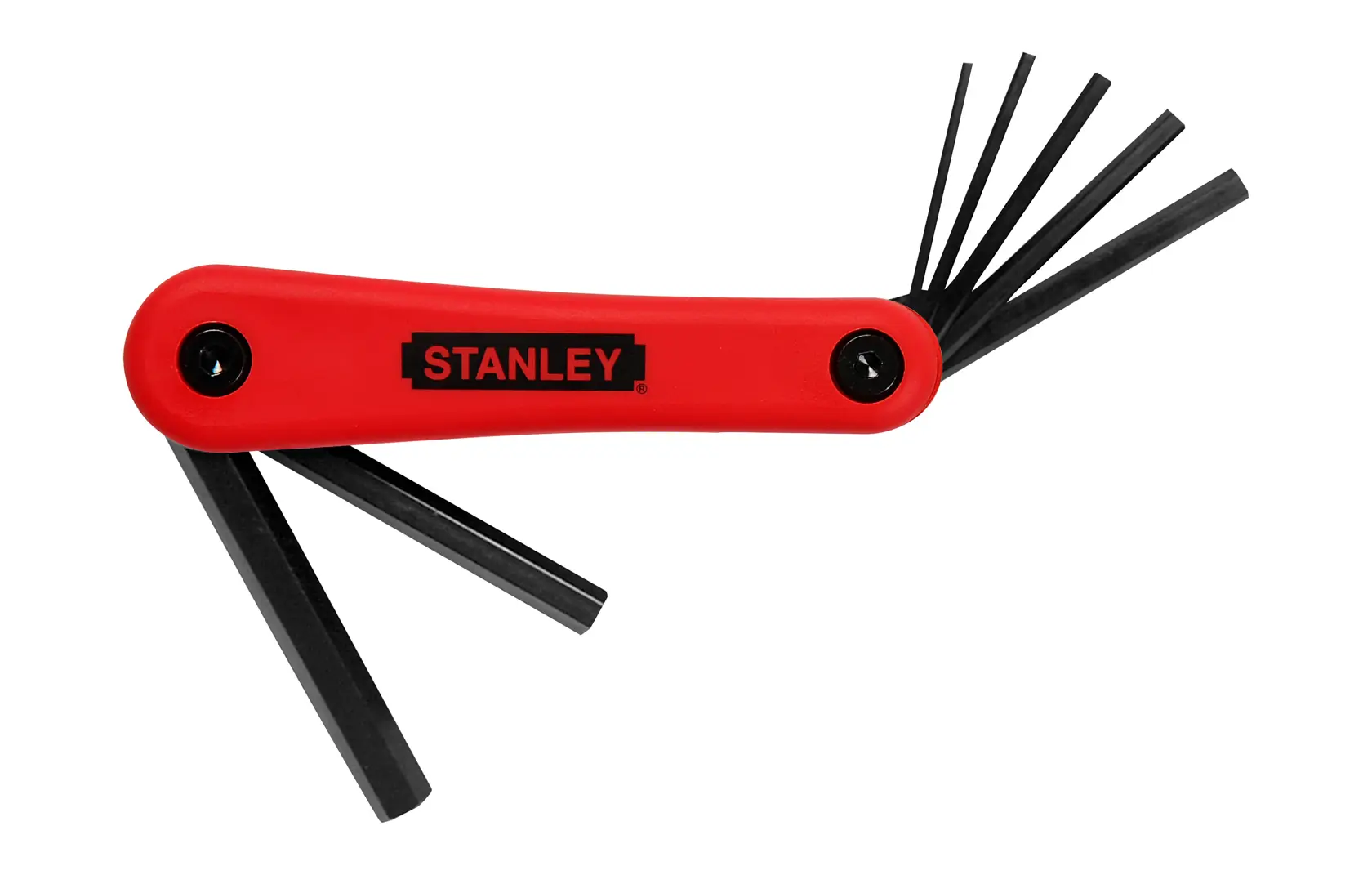 STANLEY 4-69-262 hex key set with red handle, angled view, keys extended.