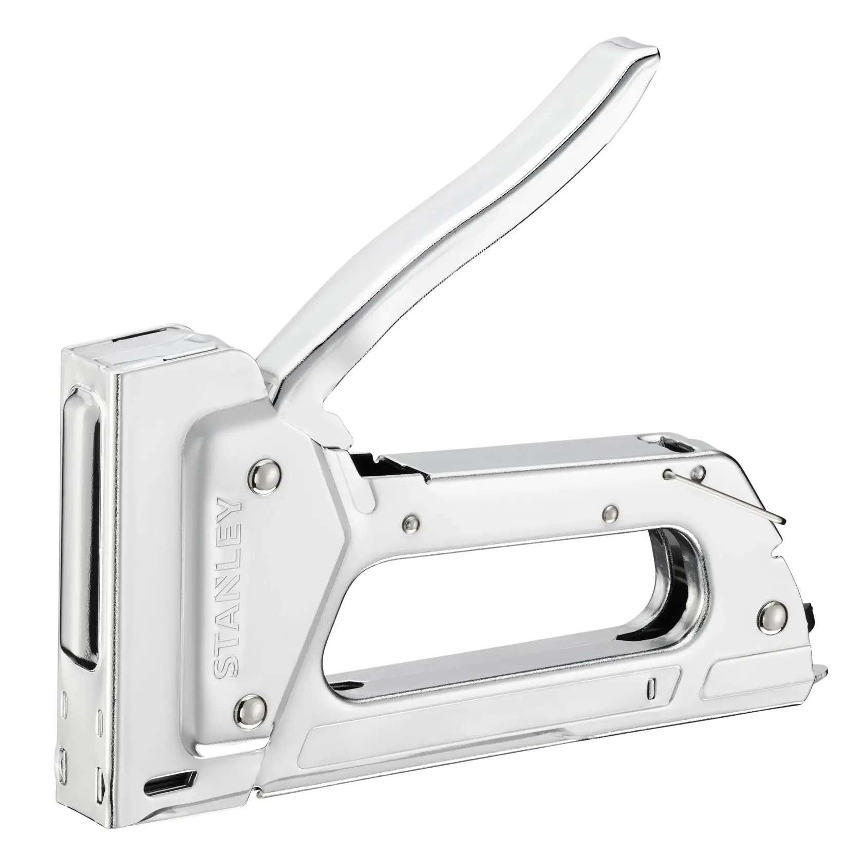 STANLEY 6-TR45 silver manual staple gun side view on white background.