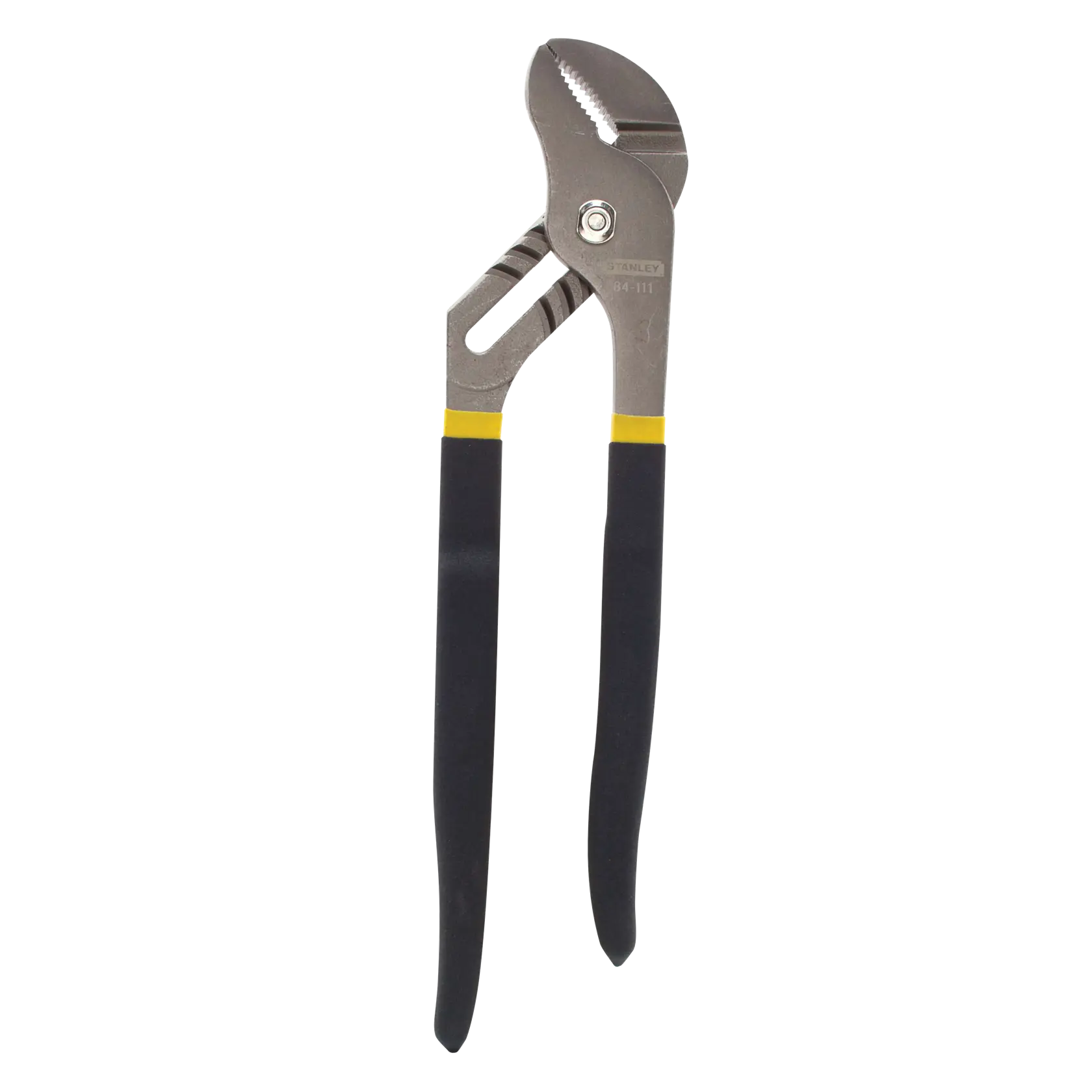 Stanley groove joint pliers front view with black cushioned handles and serrated jaws on white background