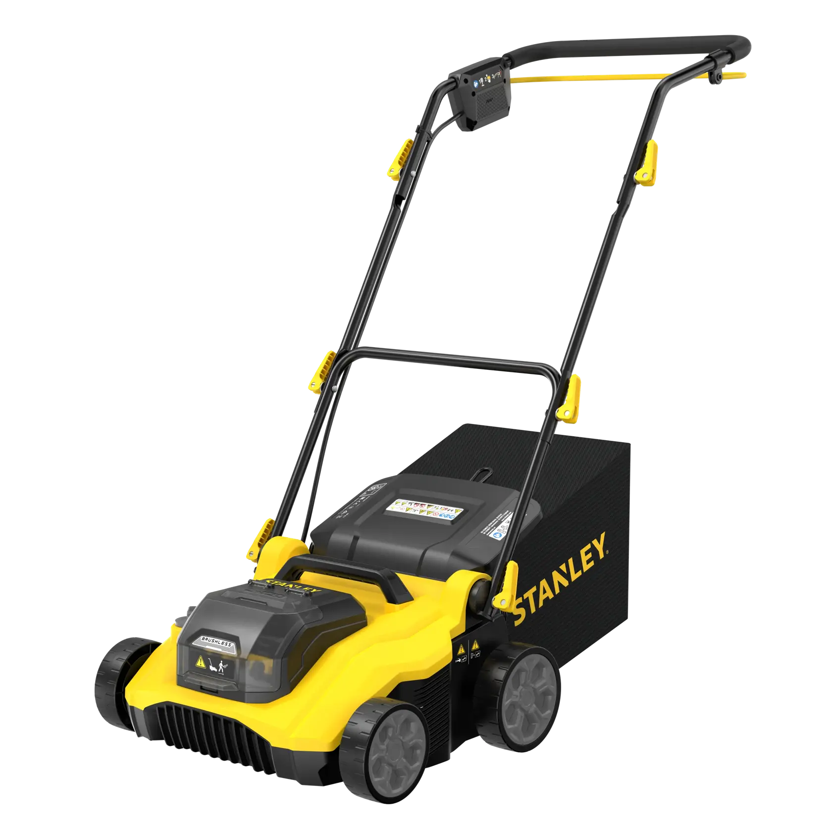 Photo of STANLEY SCOEP3801N yellow and black lawn mower, side angle on white background.