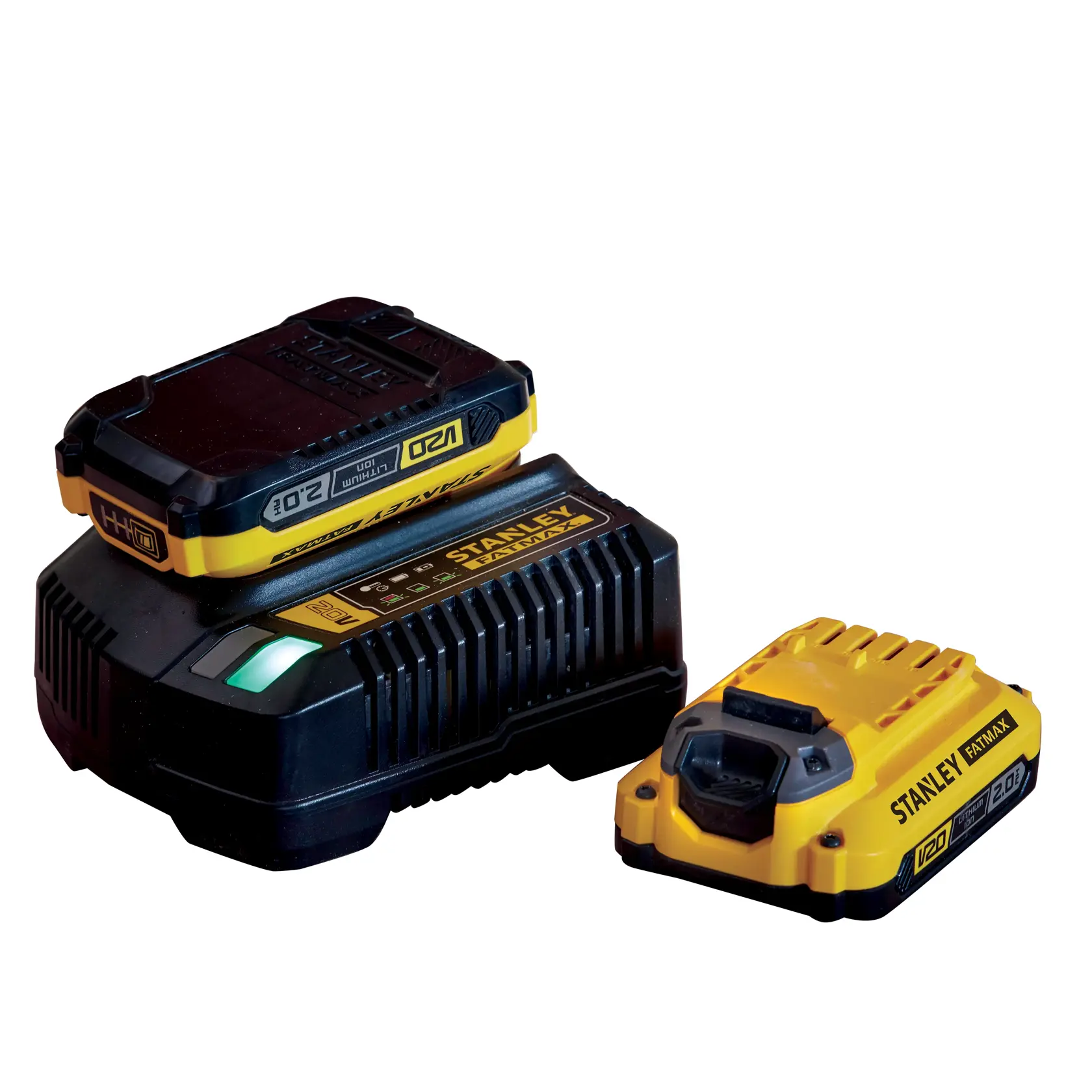 Stanley Fatmax V20 battery and charger set in black and yellow, suitable for photography equipment.