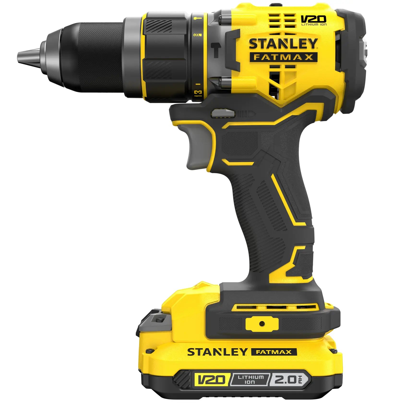 Photo of STANLEY SFMCD721D2K cordless drill, yellow and black, side view, with Fatmax branding.