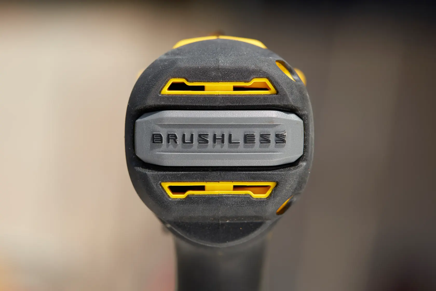 STANLEY SFMCD721D2K photography of brushless drill handle close-up with yellow and gray accents.