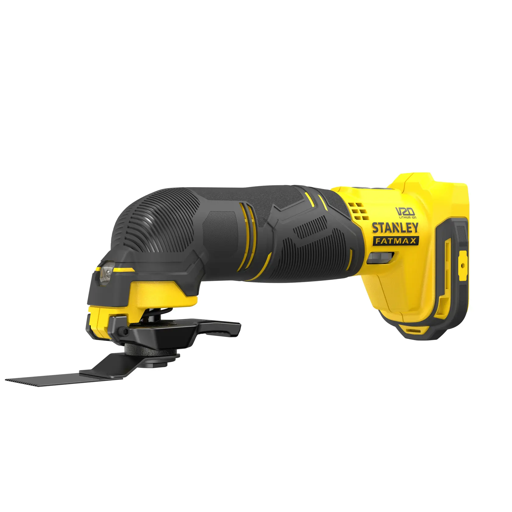 Photo of STANLEY SFMCE500B cordless oscillating multi-tool, black and yellow, angled right on white background.