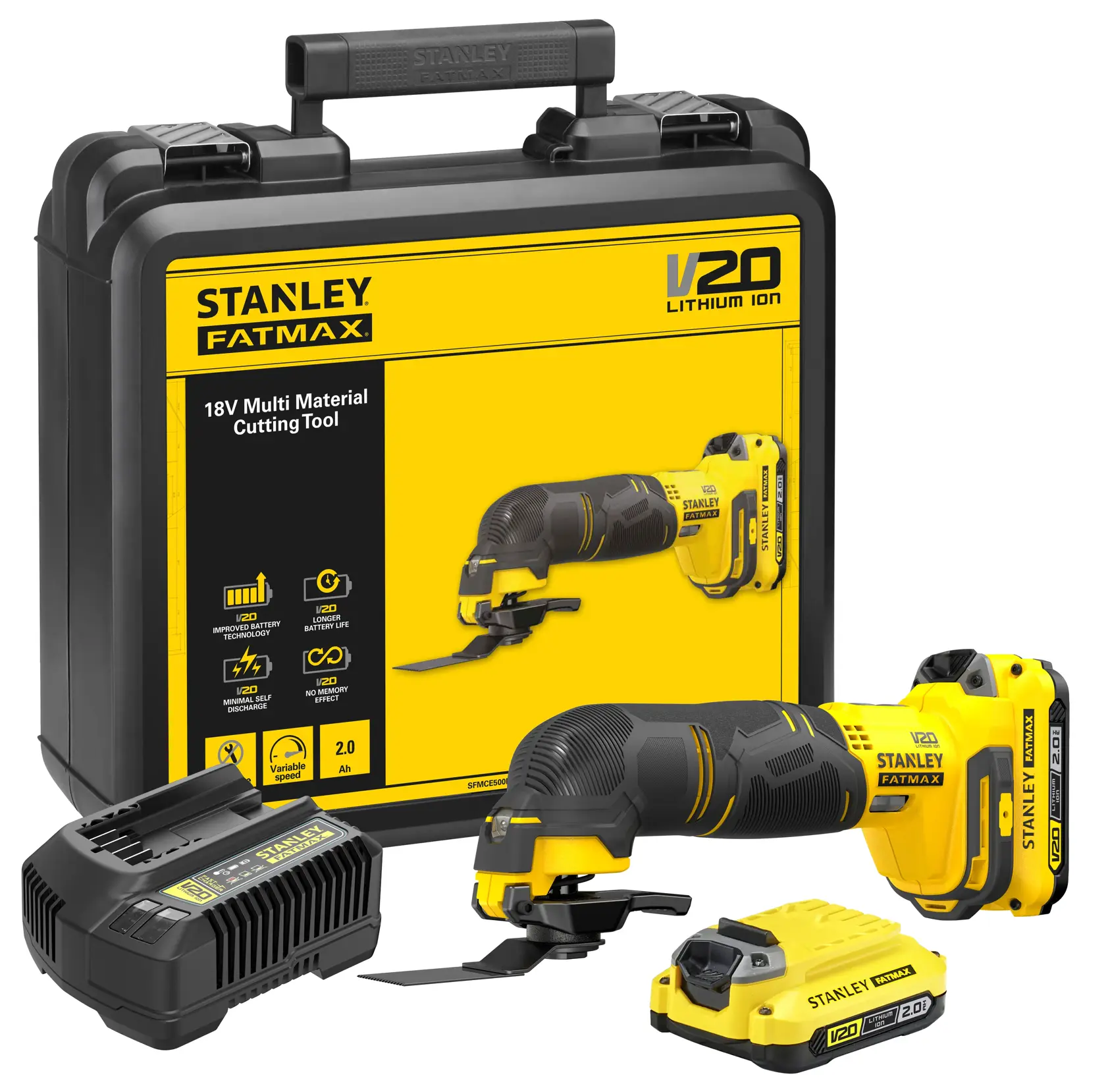 STANLEY SFMCE500D2K V20 18V multi material cutting tool kit with case, battery and charger, front angle.