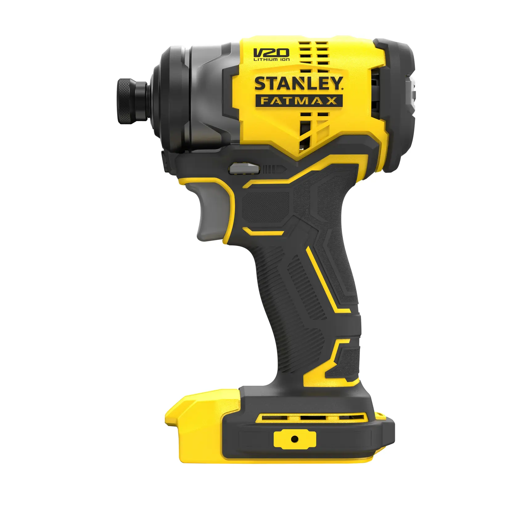STANLEY SFMCF810B cordless impact driver, yellow and black, side angle, on white background.