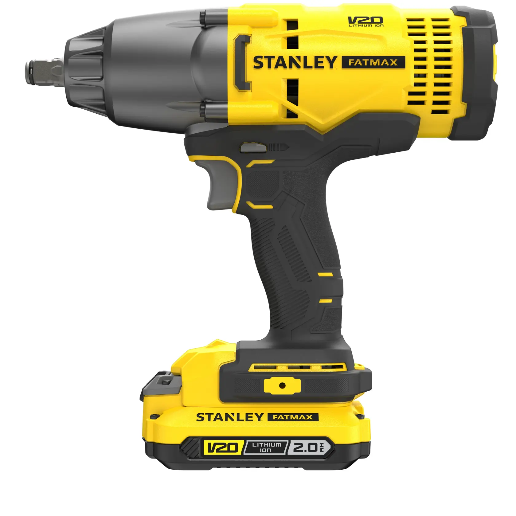 Photo of STANLEY SFMCF900B cordless impact wrench, yellow and black, side view on white background.