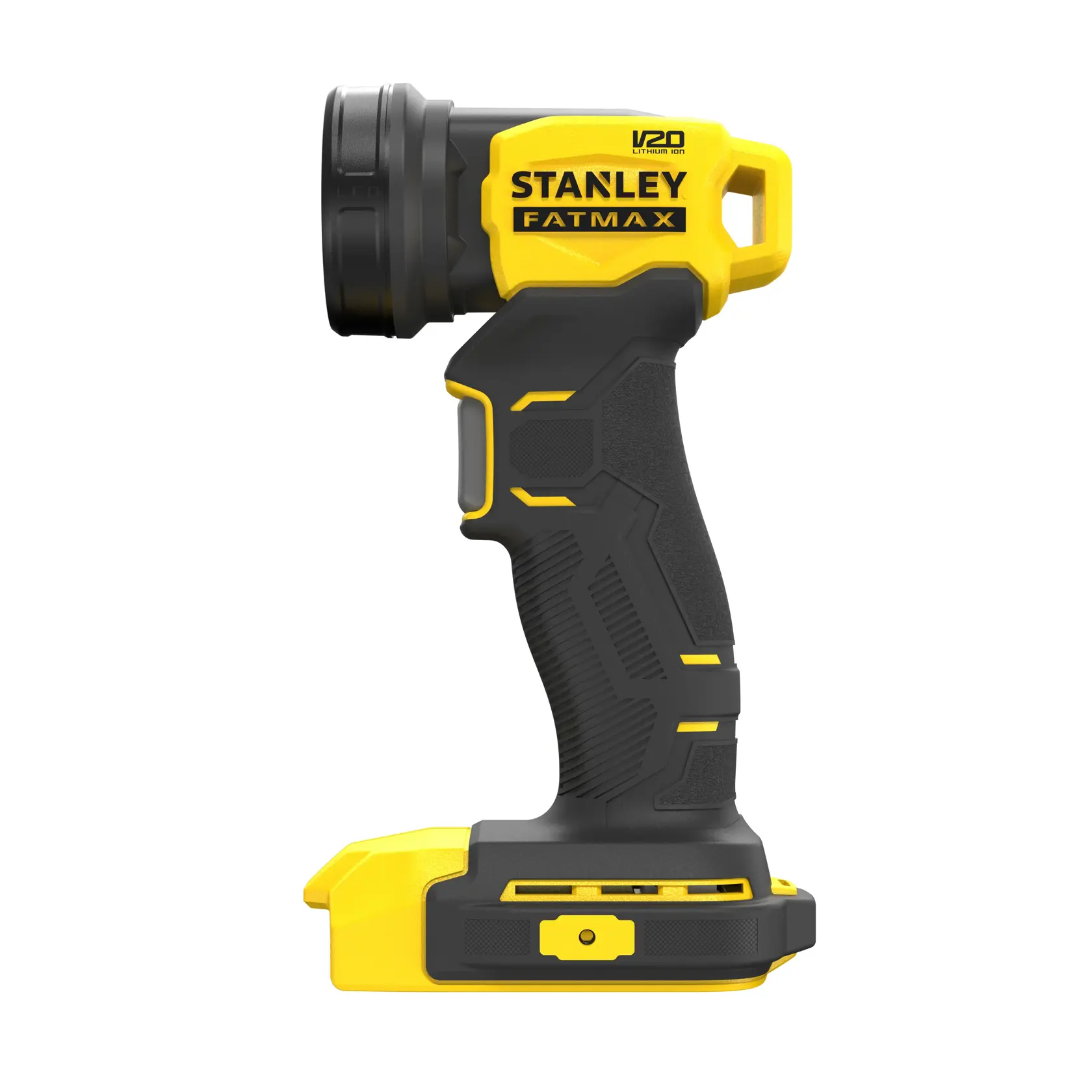Photo of STANLEY SFMCL020B cordless LED work light, yellow and black, side view, product on white background.