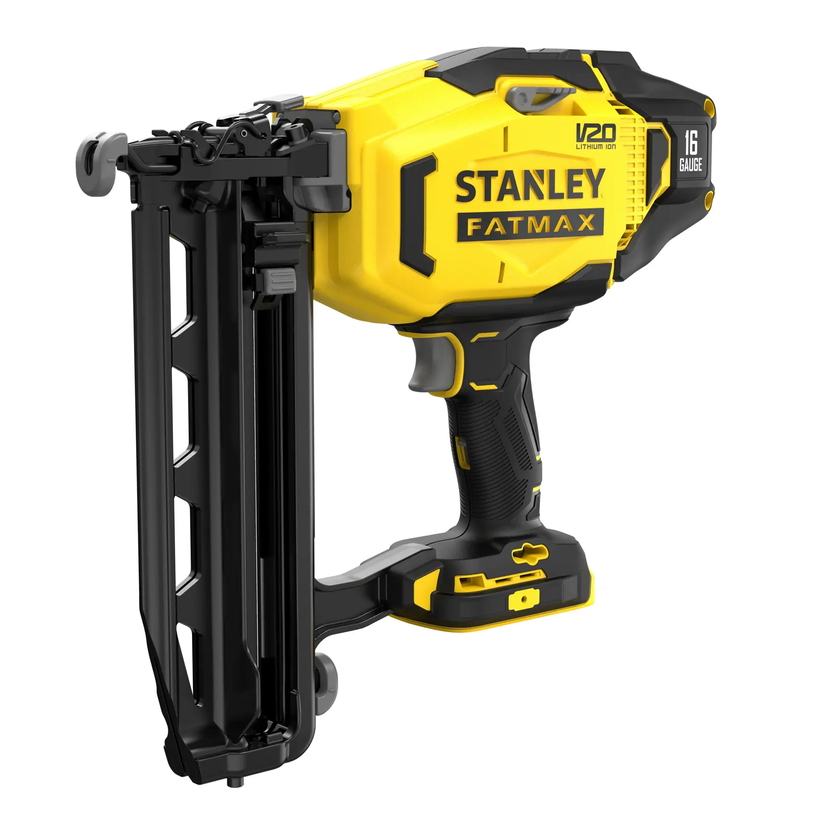 STANLEY SFMCN616B 16 gauge cordless nailer, yellow and black, side angle photo on white background.