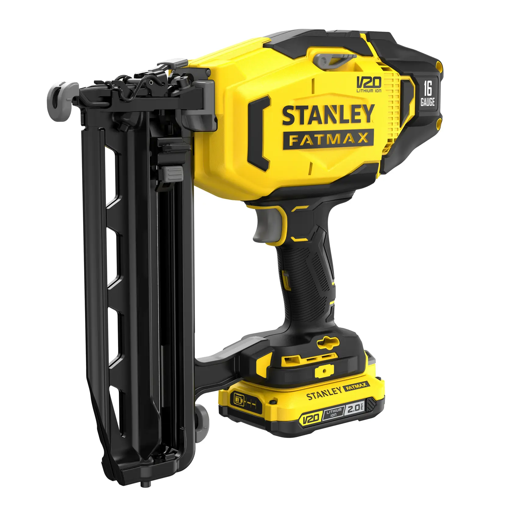 Stanley Fatmax V20 cordless nail gun with yellow and black body, shown from side view.