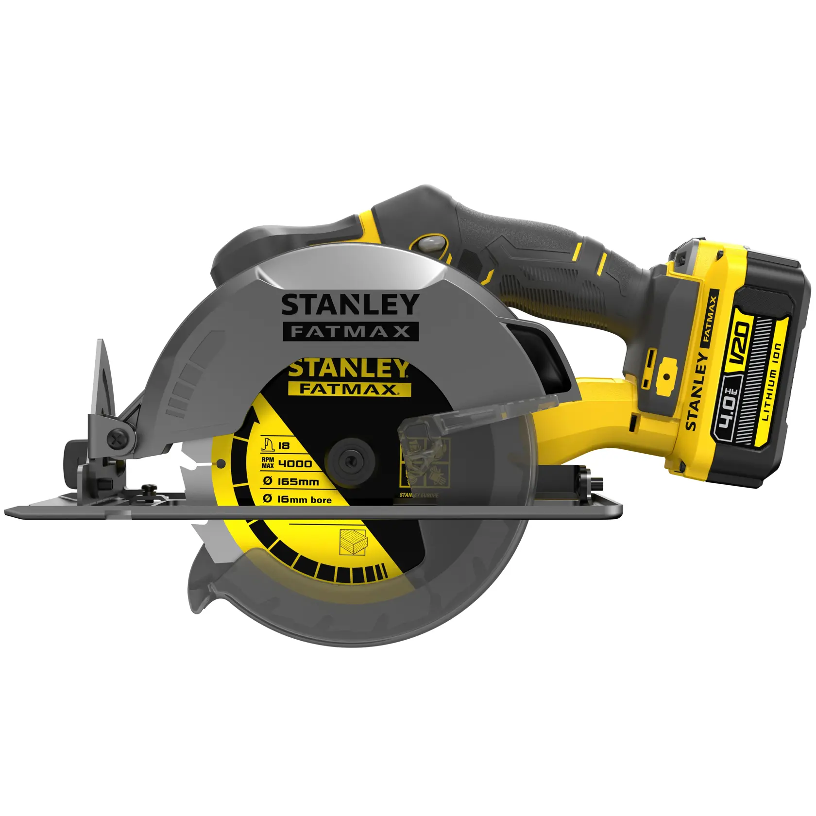 STANLEY SFMCS500M1K cordless circular saw side view, yellow and black with V20 lithium-ion battery.