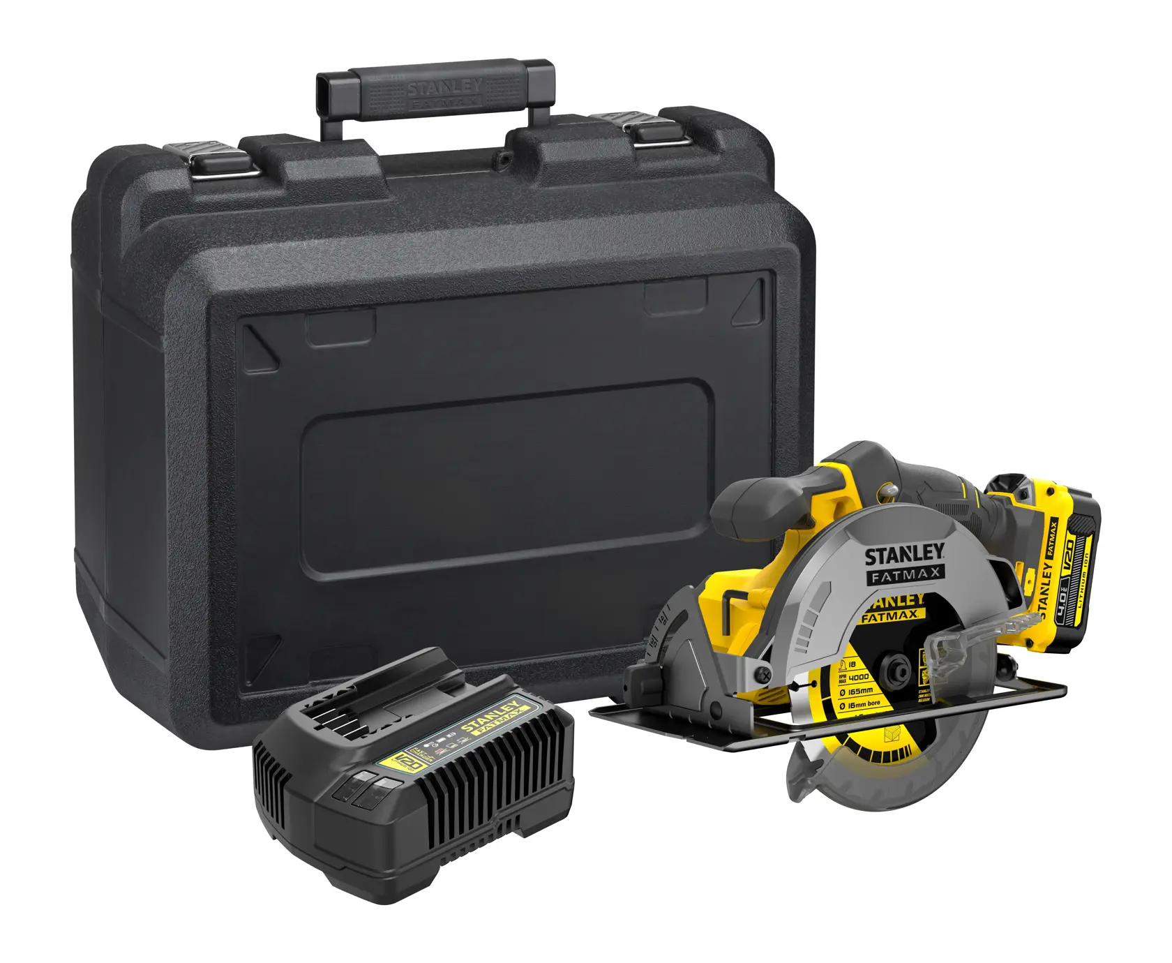 STANLEY SFMCS500M1K cordless circular saw kit with battery, charger, and hard case, front angle.