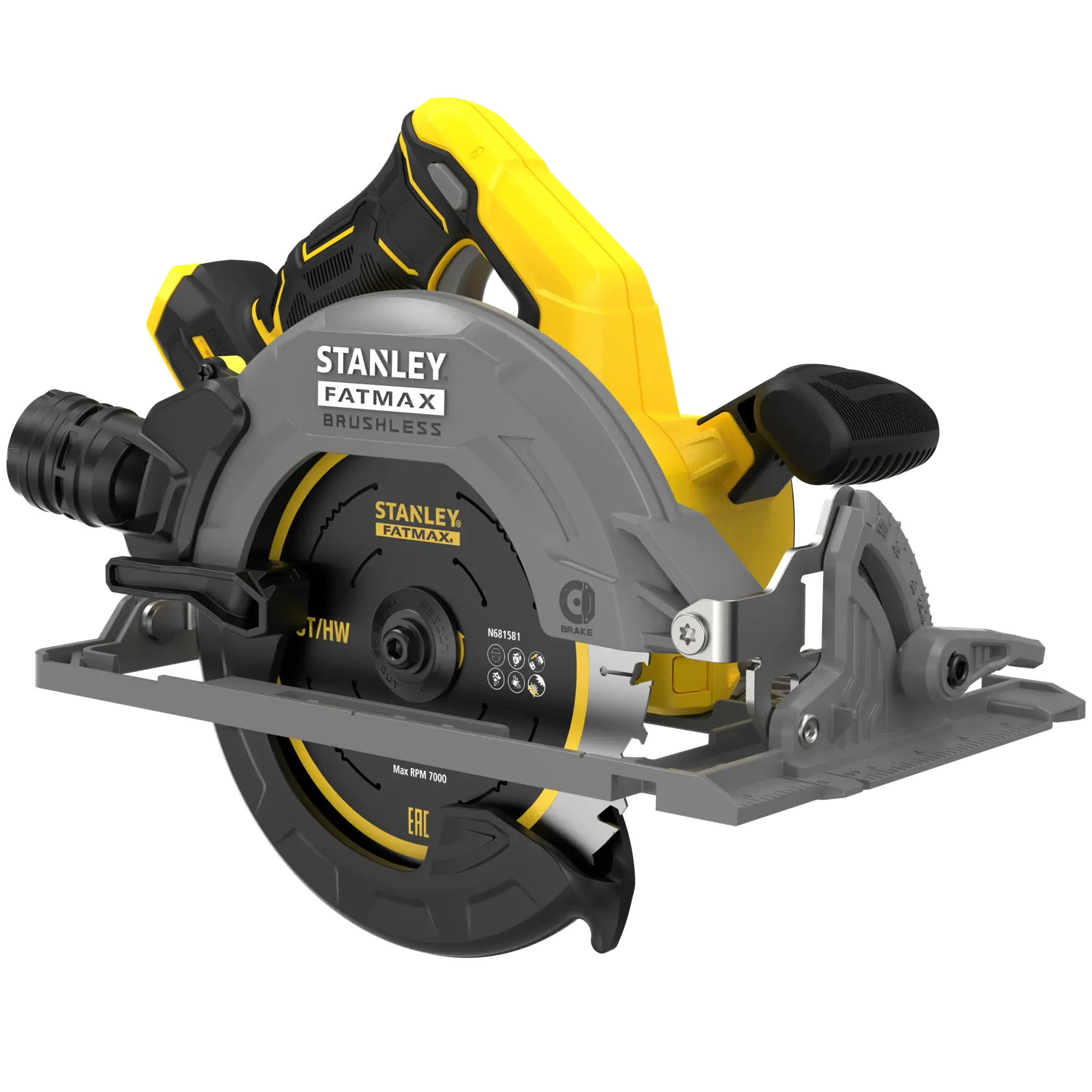 STANLEY SFMCS551B circular saw, brushless, gray and yellow, left-side angle on white background.