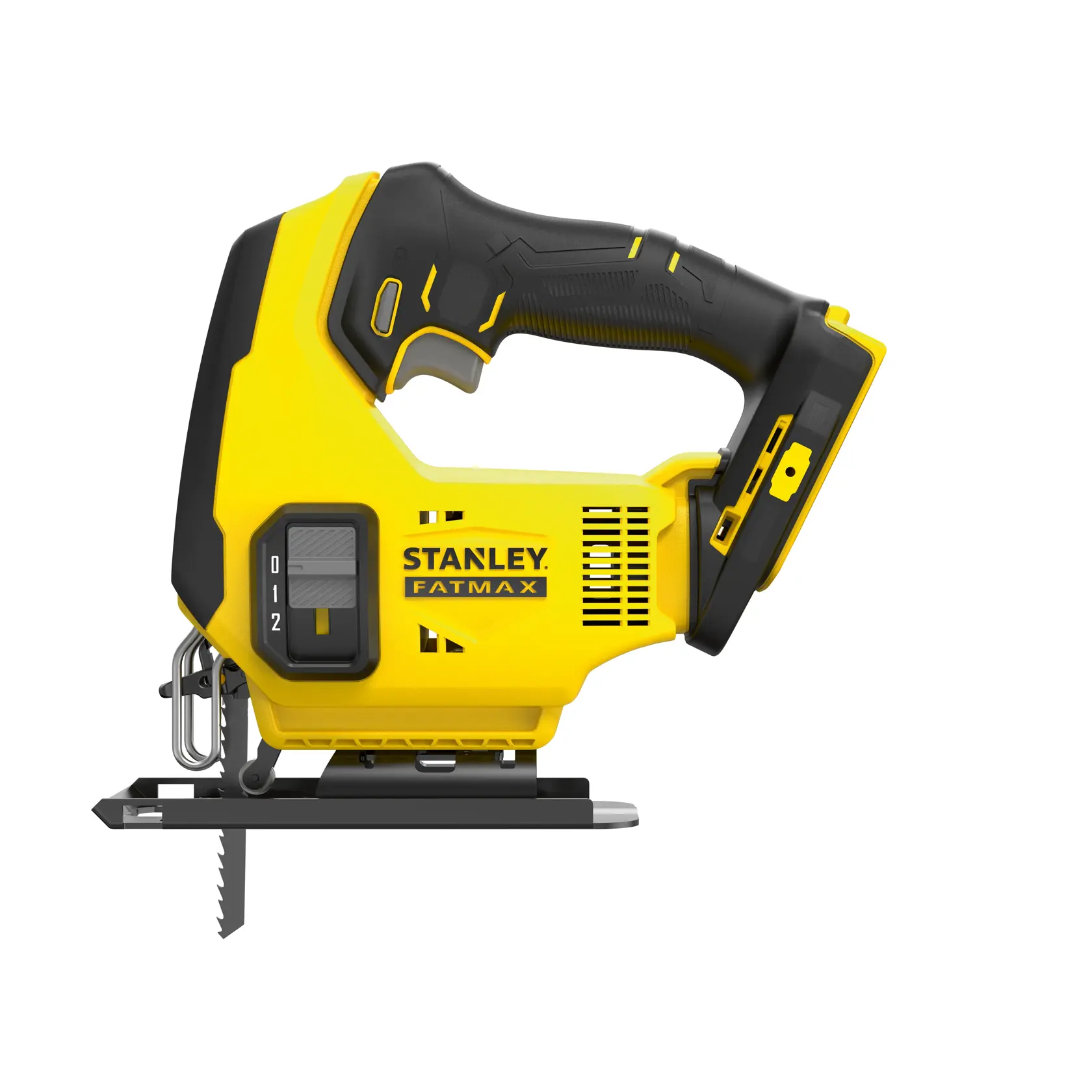 Stanley Fatmax cordless jigsaw with yellow and black handle, blade and adjustable settings.