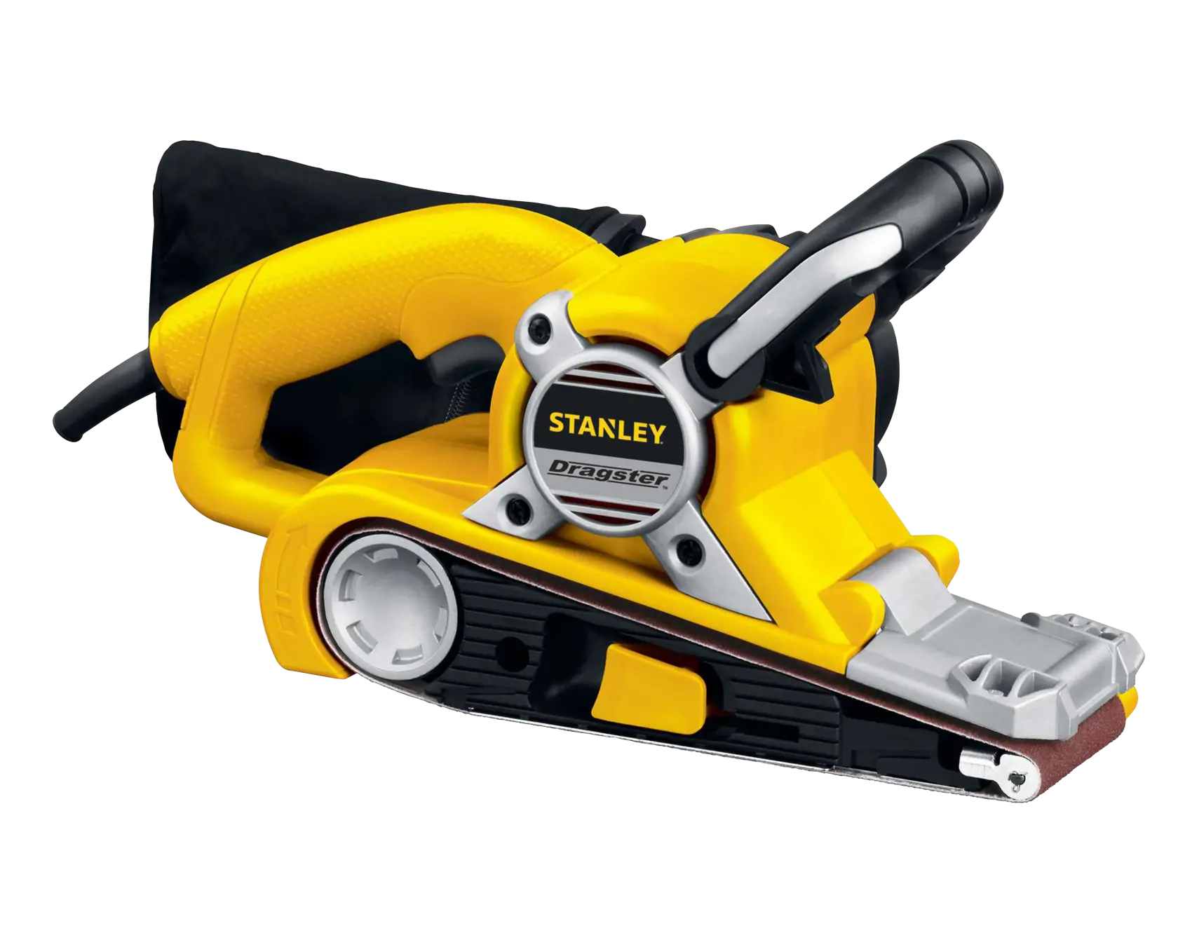 STANLEY STBS720 belt sander, yellow and black, side angle, with attached dust bag, product photography.