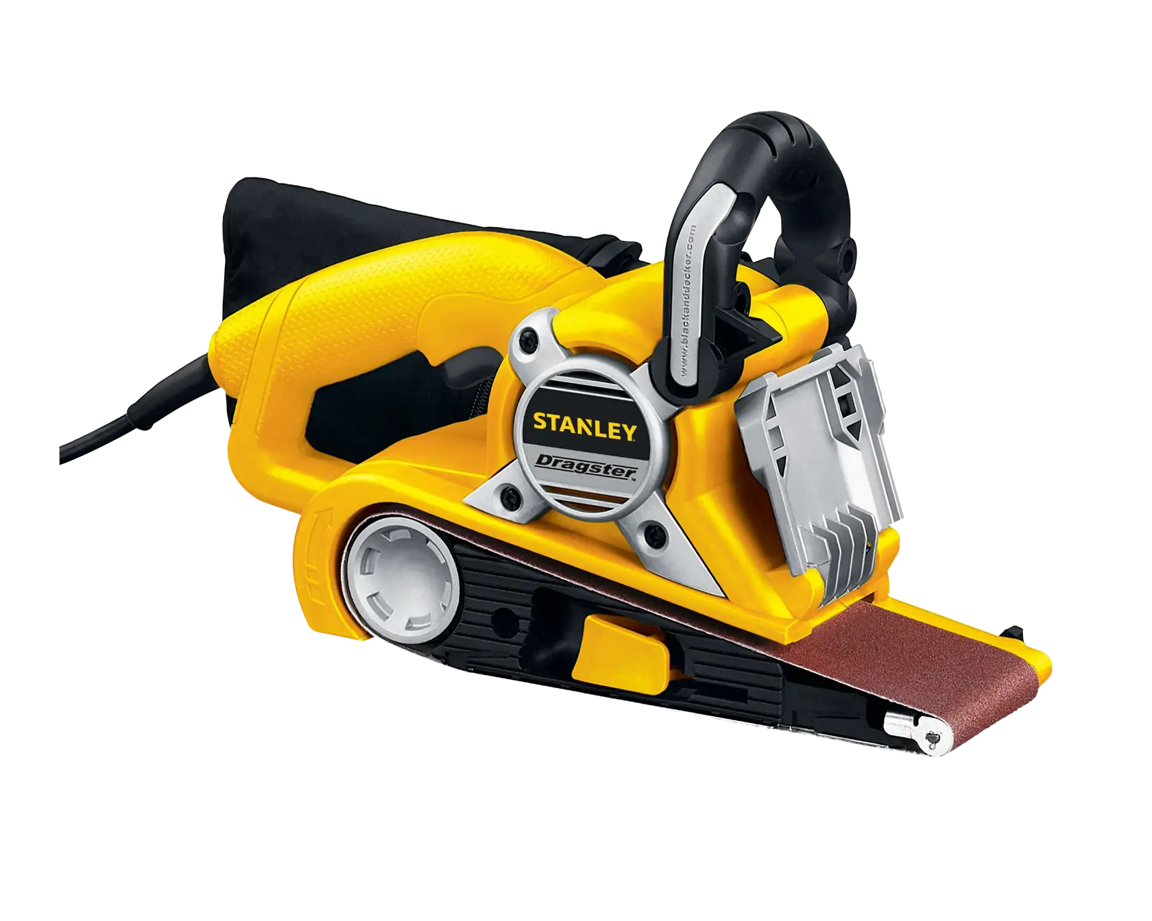 STANLEY STBS720 belt sander photographed from side on white background, yellow and black design with dust bag.