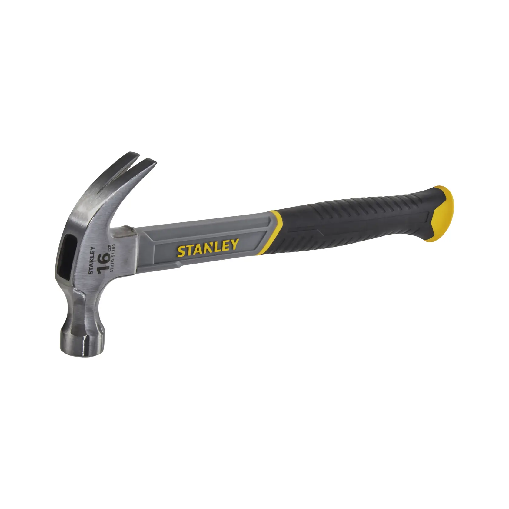 STANLEY STHT0-51309 claw hammer with black and yellow grip, side angle on white background.