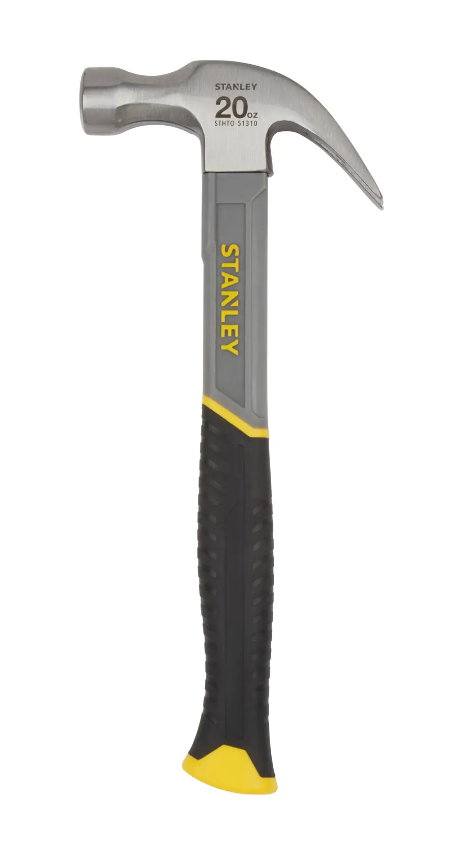 STANLEY STHT0-51310 claw hammer, 20oz, black and yellow handle, side angle photo.