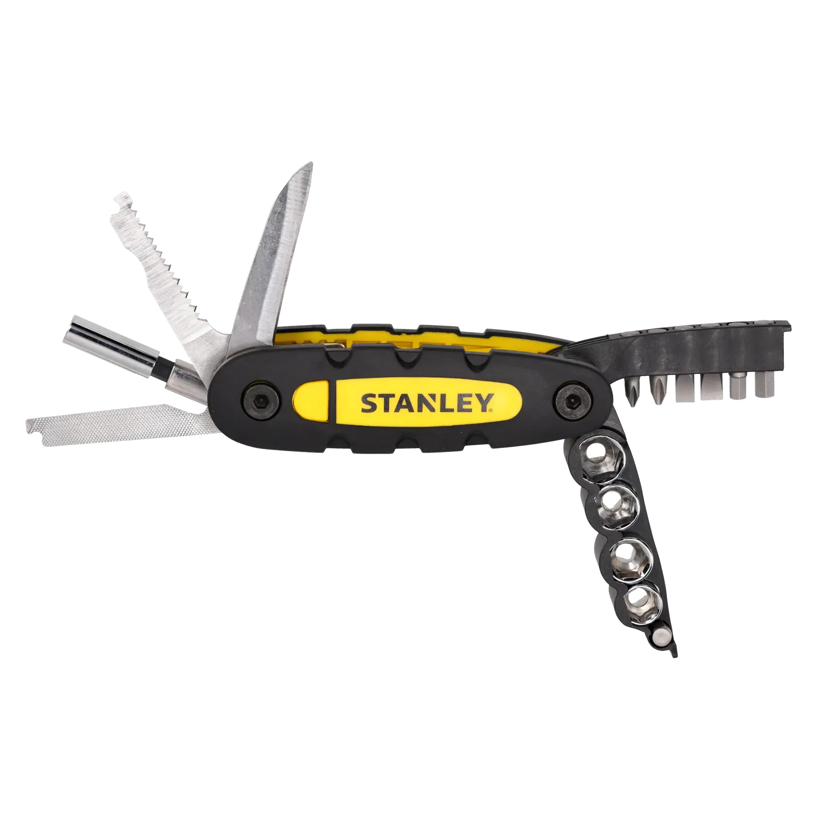 STANLEY STHT0-70695 folding multi-tool, black and yellow, photography, angled view on white background.