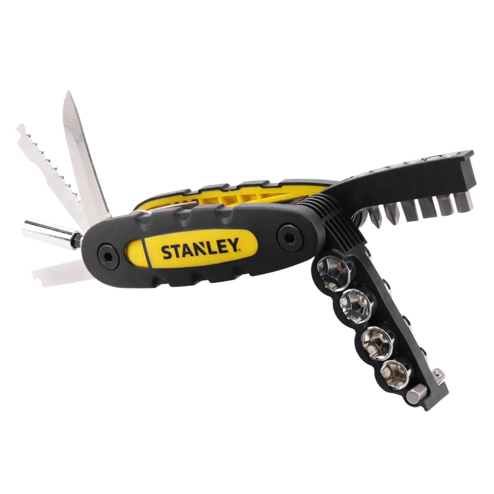 STANLEY STHT0-70695 multi-tool set with black and yellow handle and assorted bits, angled view.