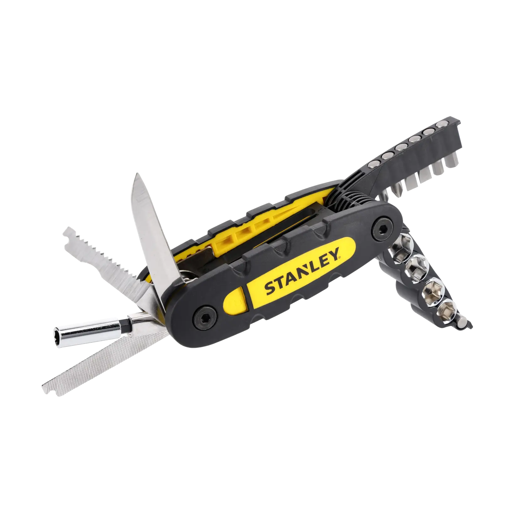 STANLEY STHT0-70695 multi-tool with black and yellow handle, several tools extended, front angle.