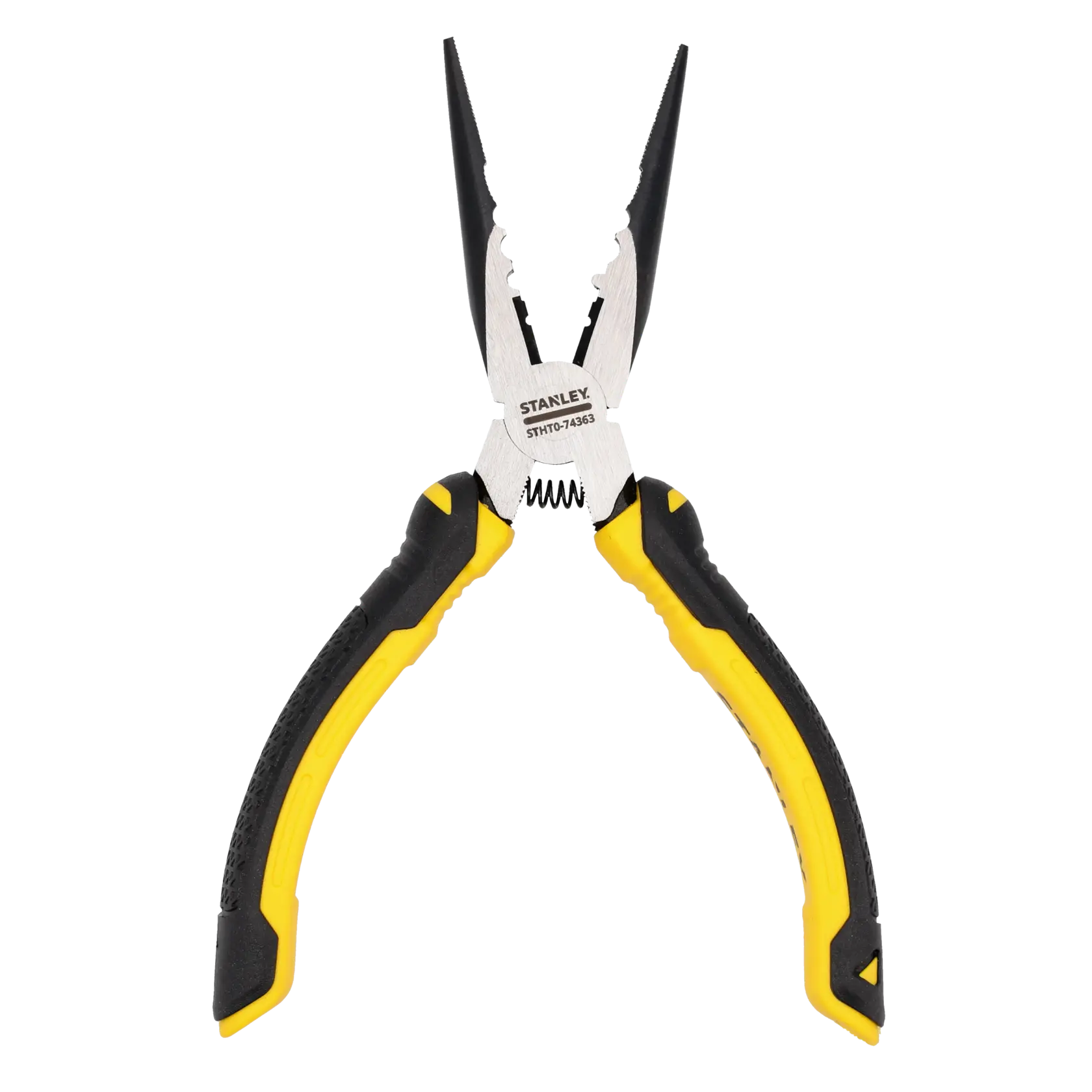 STANLEY STHT0-74363 long nose pliers with yellow and black handles, angled view on white background.