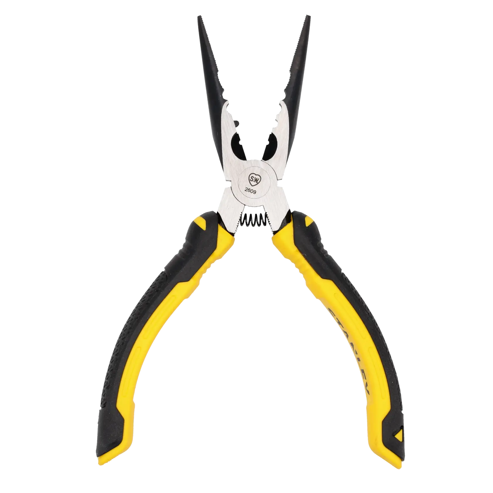Stanley pliers STHT0-74363, yellow and black handles, front angle on white background.