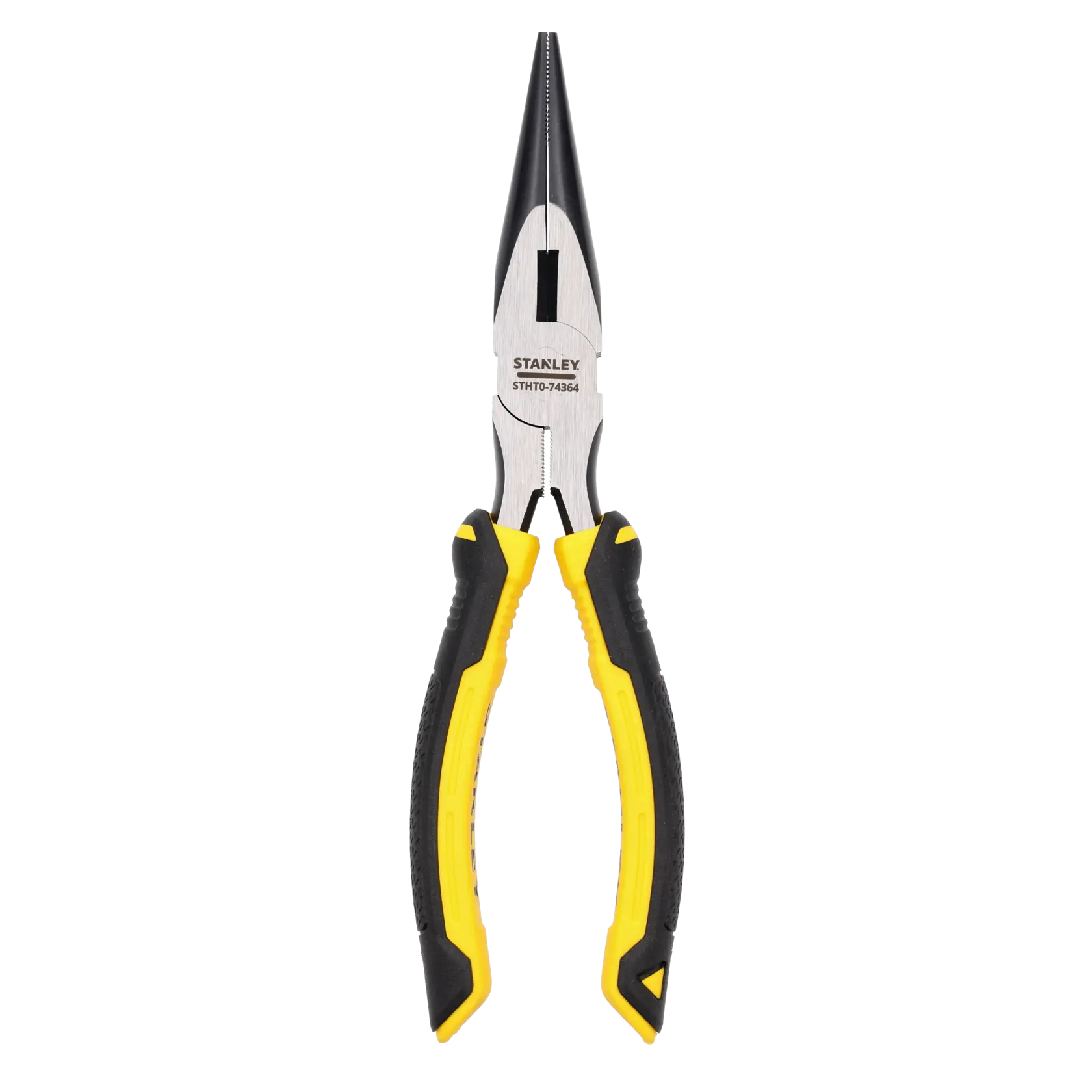 Stanley long nose pliers with yellow and black handles, model STHT0-74364, shown against a white background.