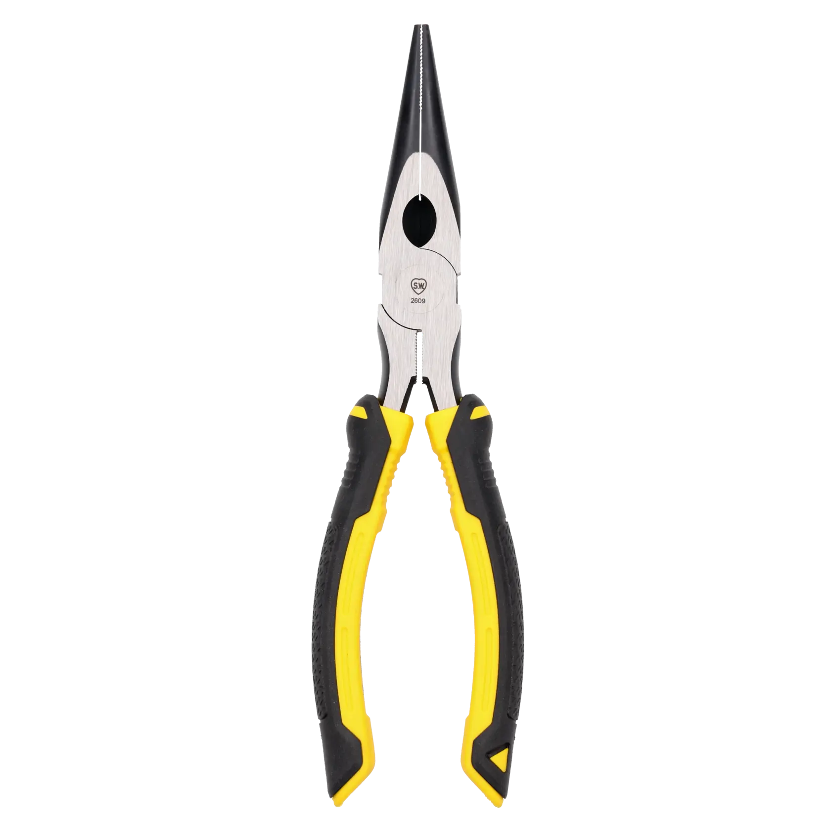 Photo of STANLEY STHT0-74364 long nose pliers with yellow and black grips, front angle on white background.