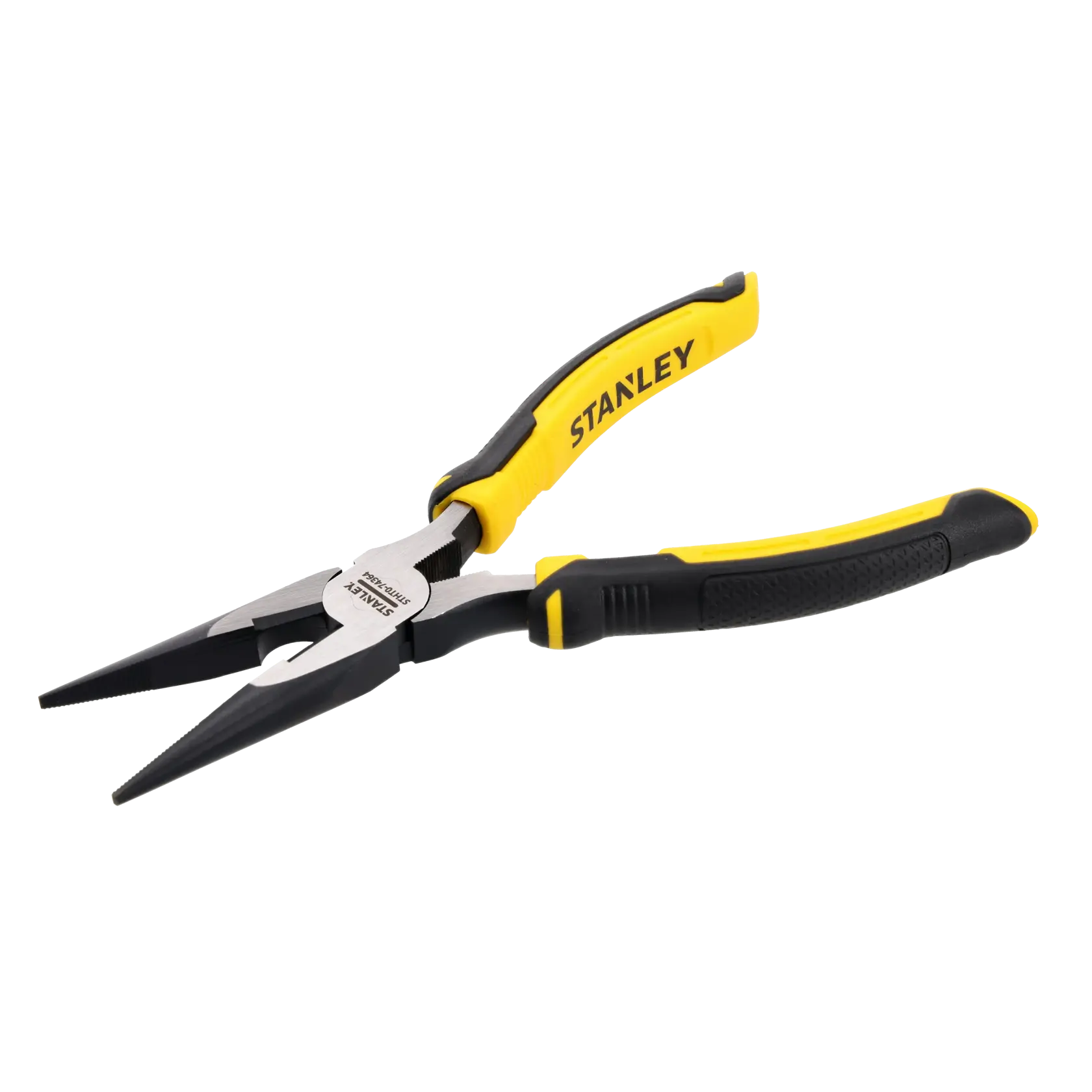 Photo of STANLEY STHT0-74364 long nose pliers with black and yellow handles, angled on white background.