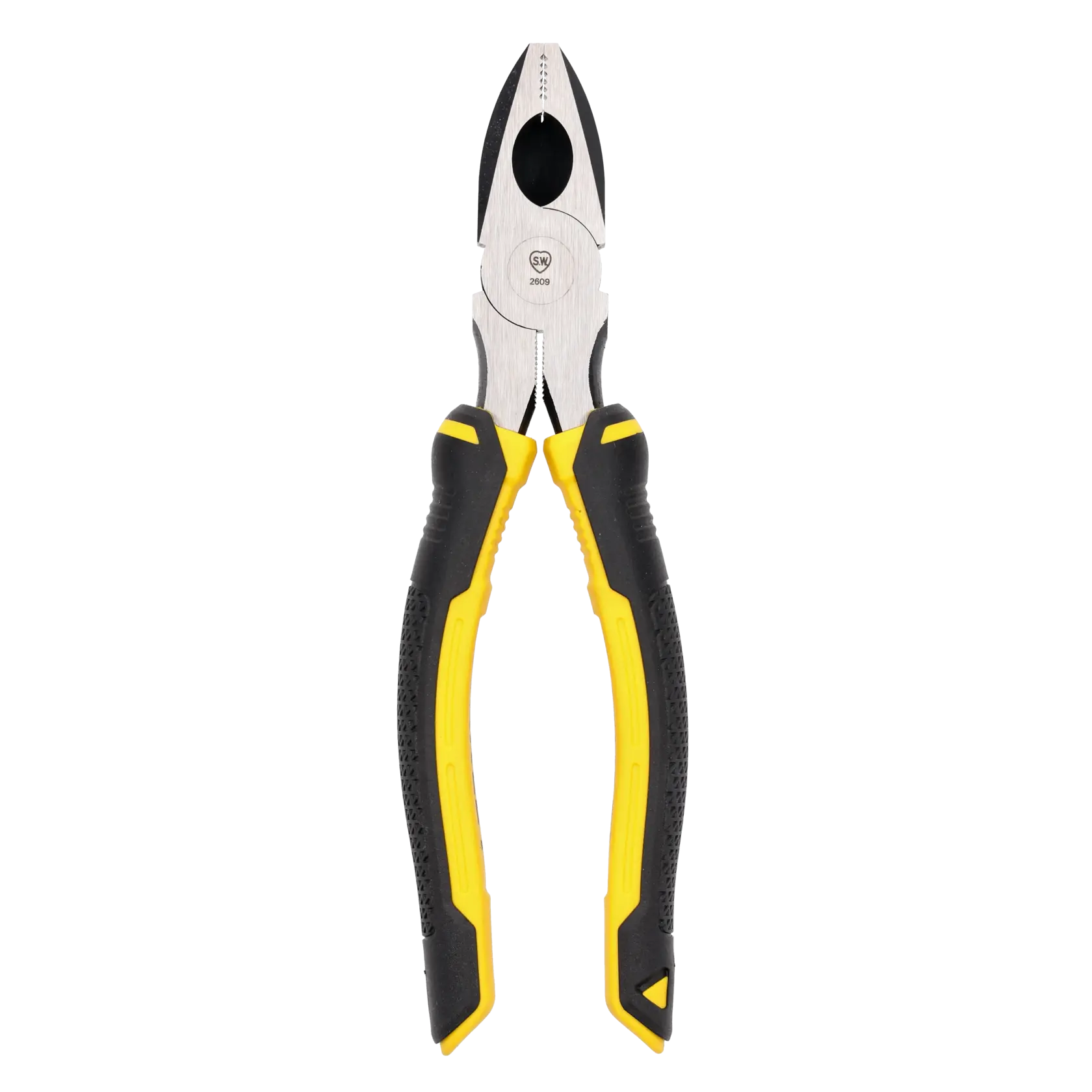 STANLEY STHT0-74454 combination pliers, yellow and black handle, front view on white background.