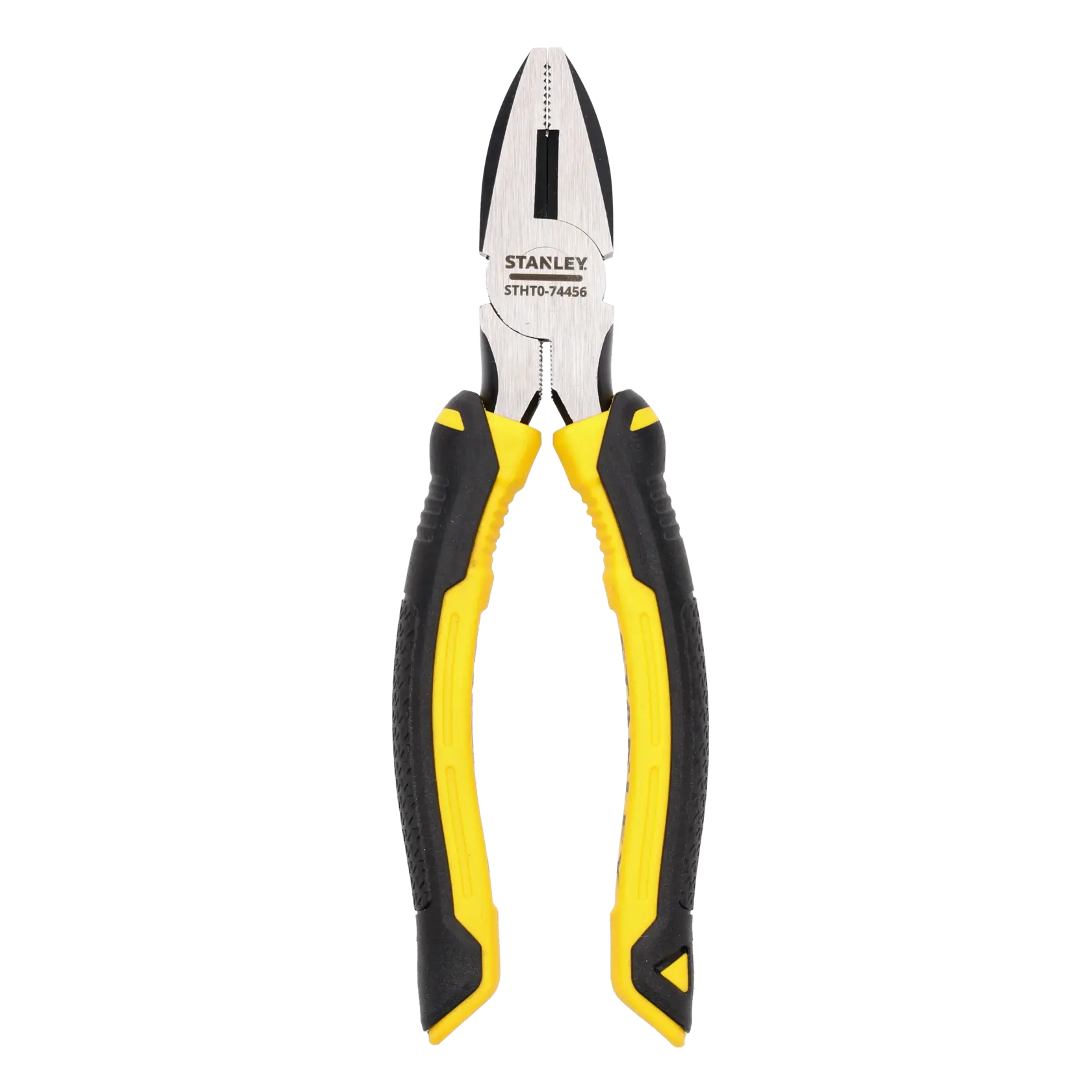 Stanley STHT0-74456 combination pliers with black and yellow handles, shown against a white background.