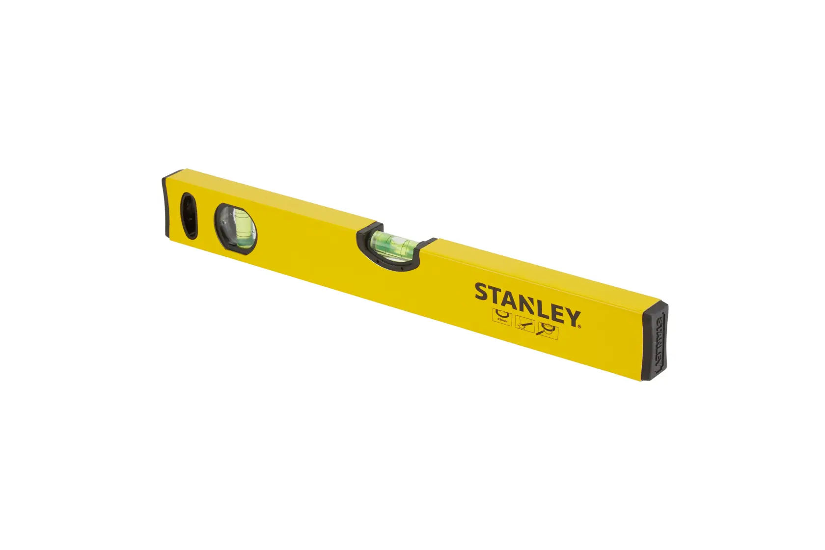 Yellow Stanley spirit level tool with three vials, used for measuring horizontal and vertical alignment.