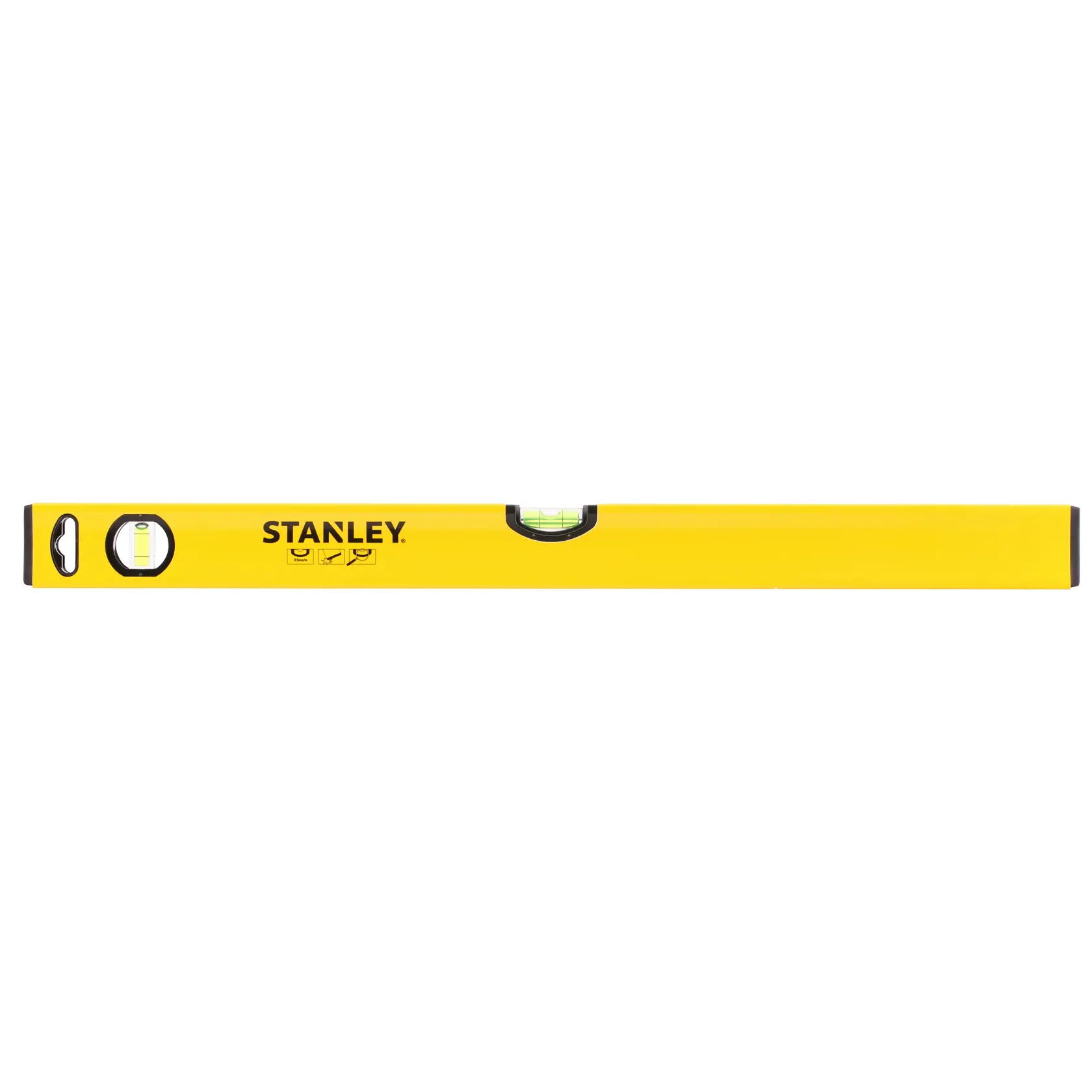 Stanley yellow spirit level tool with bubble vials for measuring horizontal and vertical alignment.