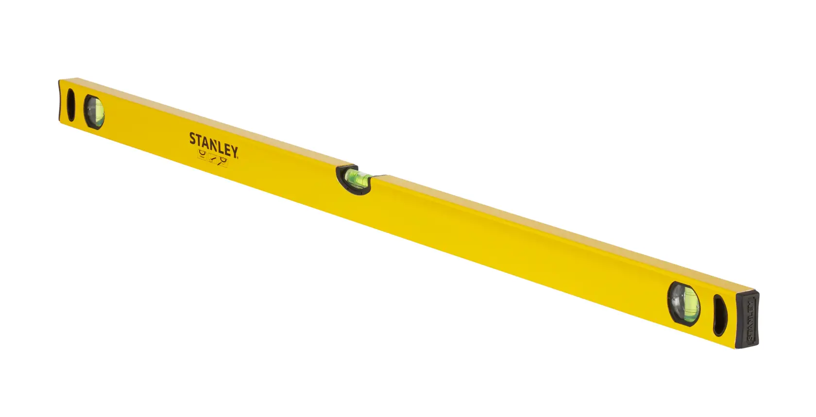 Photo of STANLEY STHT1-43105 yellow spirit level tool, angled view on white background.