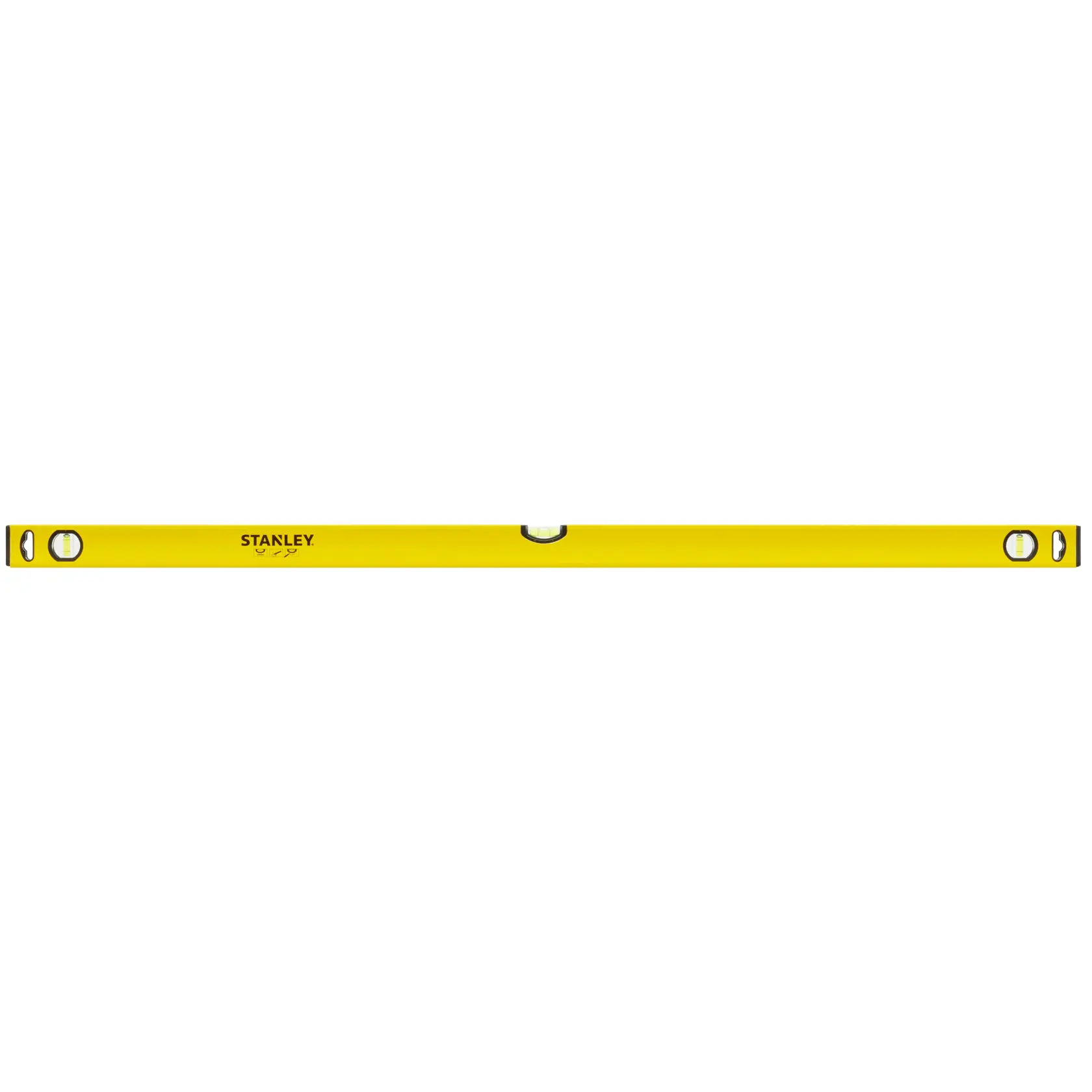 Yellow Stanley spirit level with three vials for precise measuring, ideal for photography and construction tasks.
