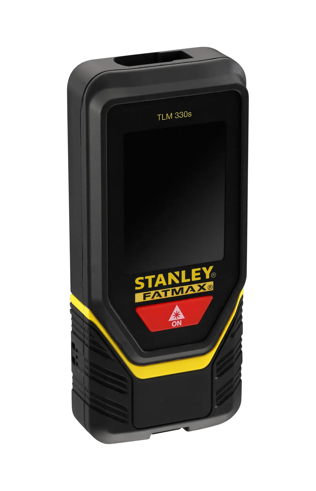 STANLEY STHT1-77140 laser distance measurer, black and yellow, FATMAX, front right angle on white background.