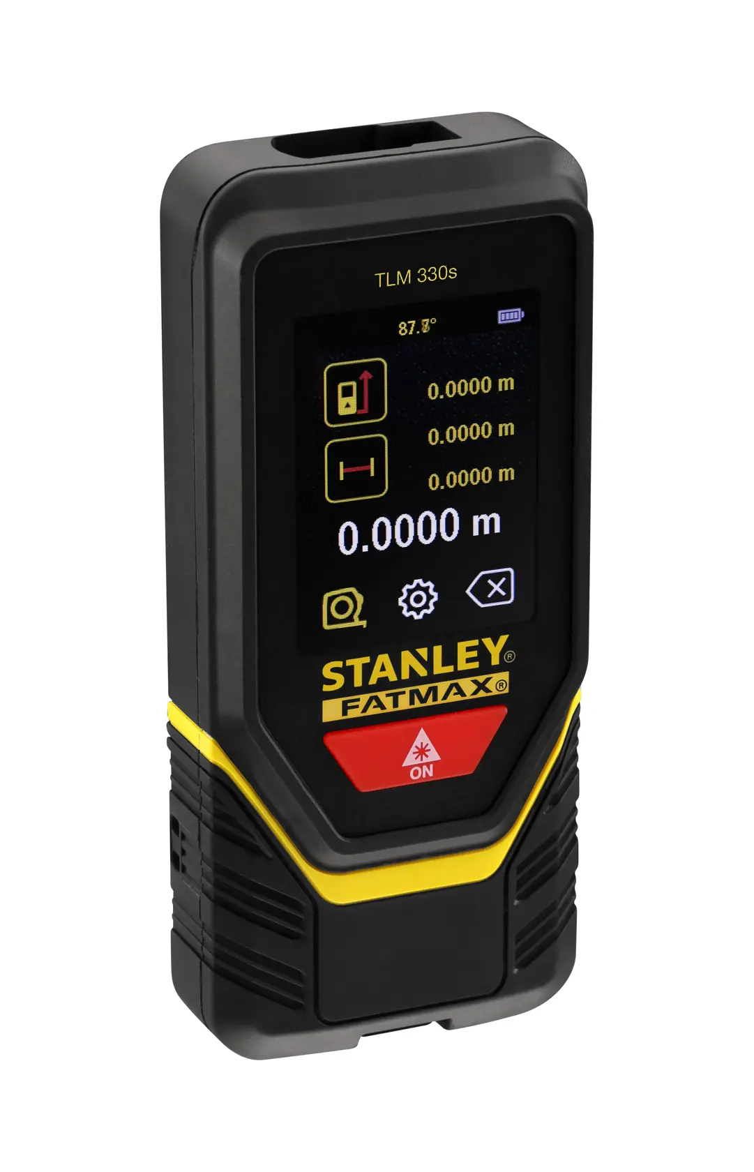 Photo of STANLEY STHT1-77140 laser distance measurer with digital display, black and yellow, front left angle.