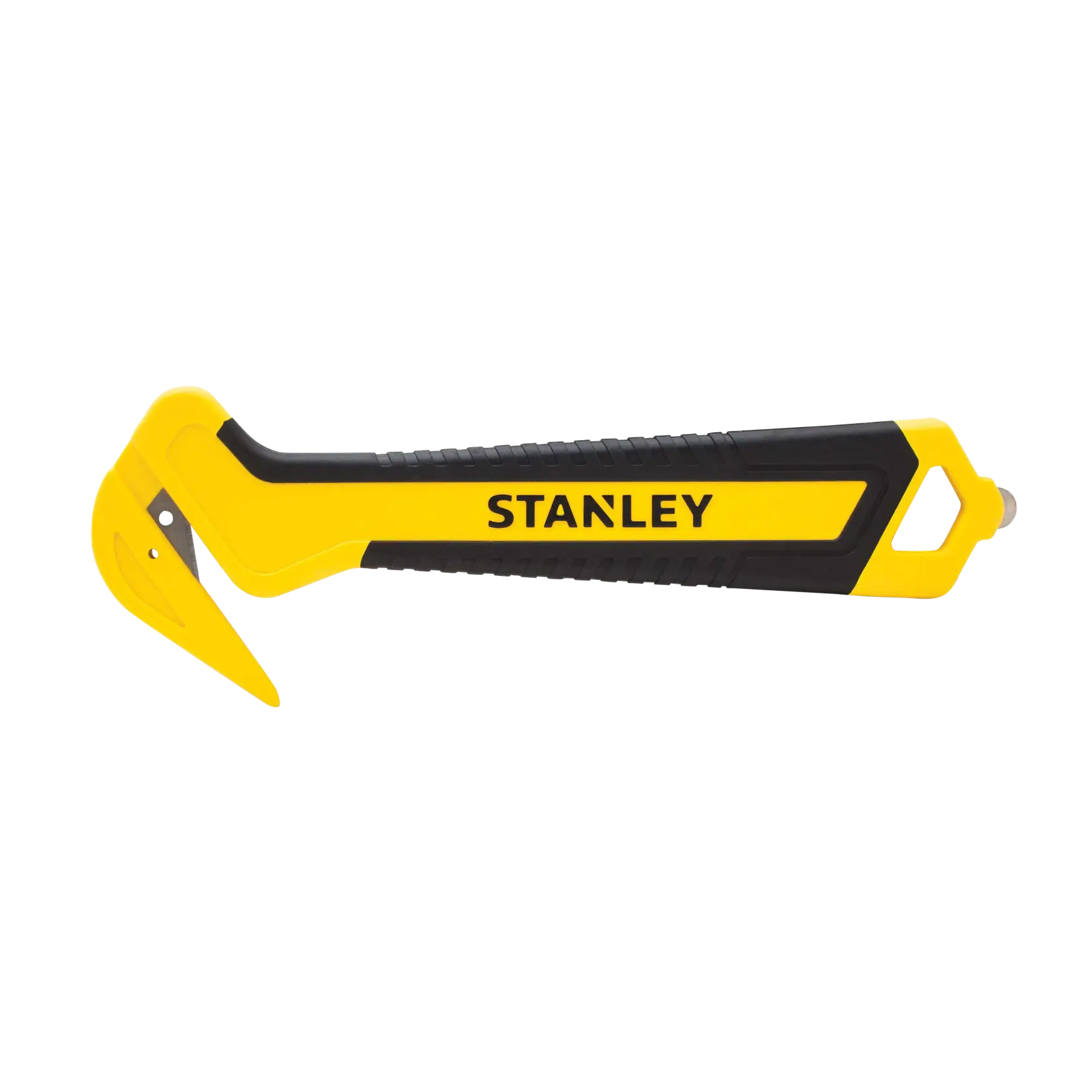 STANLEY STHT10356-0 safety cutter with yellow and black handle, side view on white background.