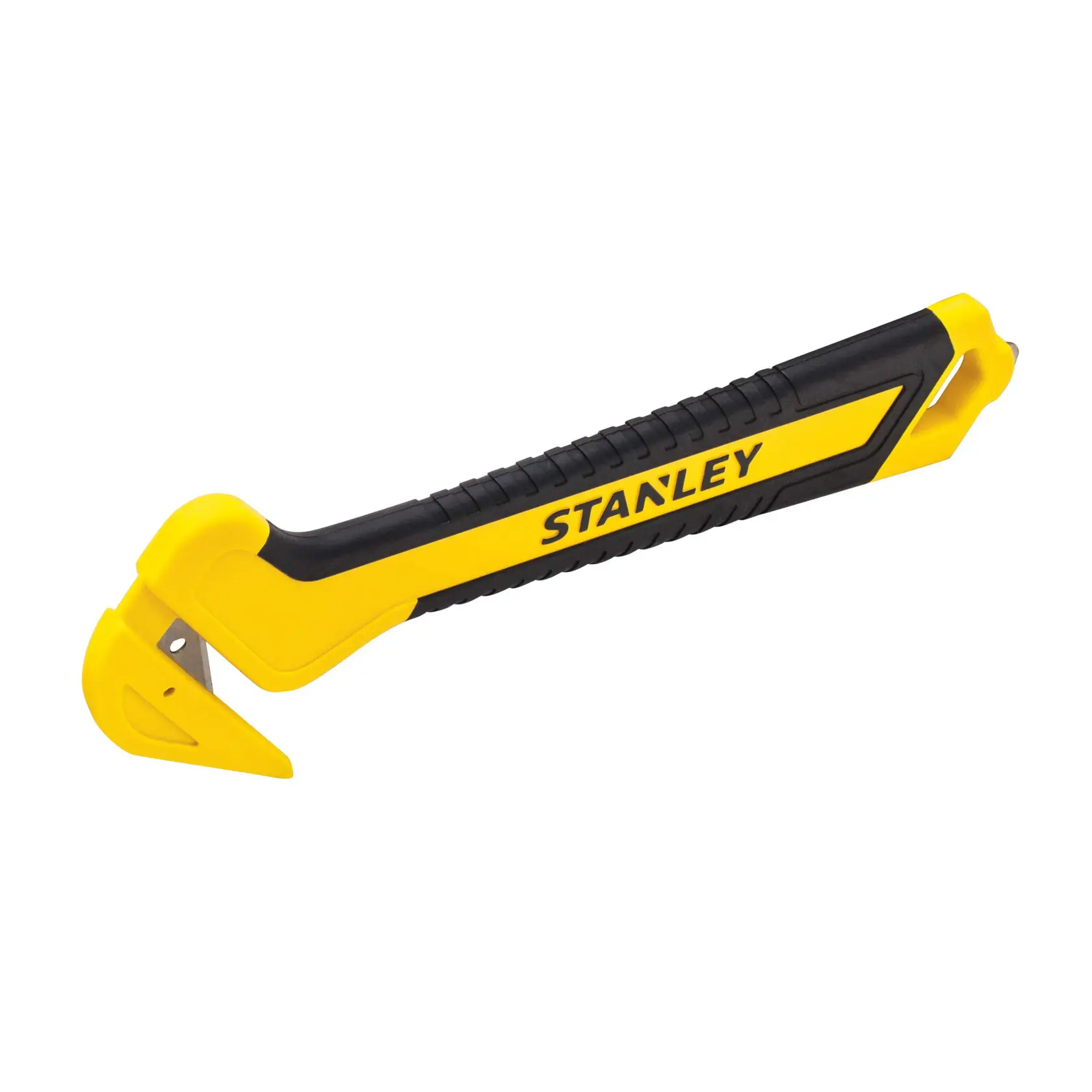 STANLEY STHT10356-0 safety utility knife with yellow and black handle, side view on white background.