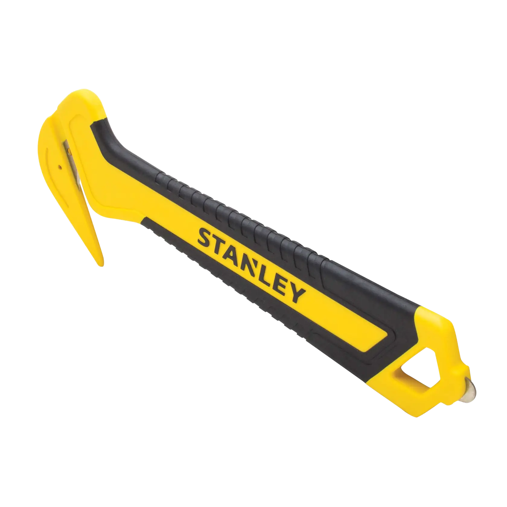 STANLEY STHT10356-0 utility safety cutter with yellow and black handle, side view, white background.