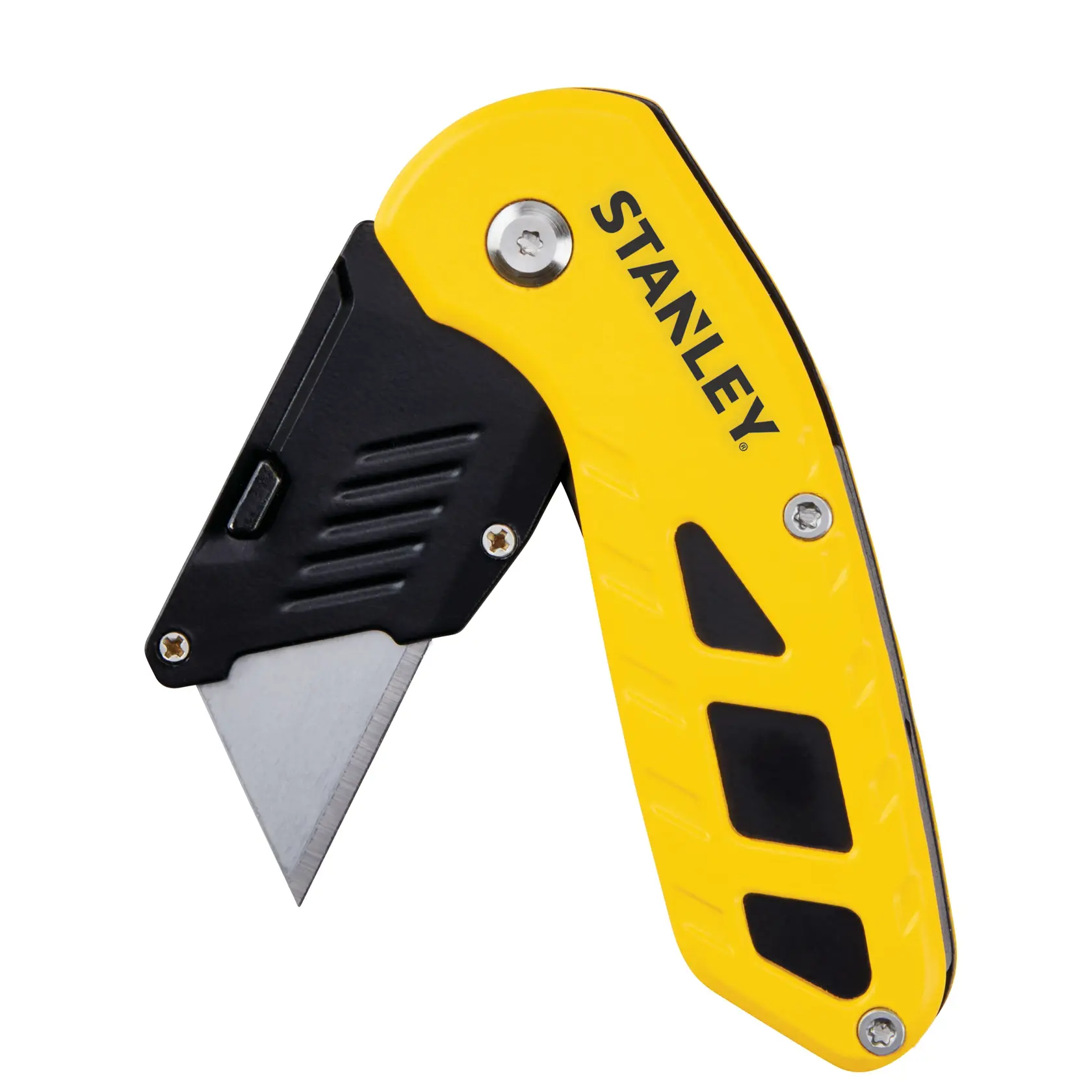 STANLEY STHT10424-0 folding utility knife with yellow and black handle, right-side angle on white background.