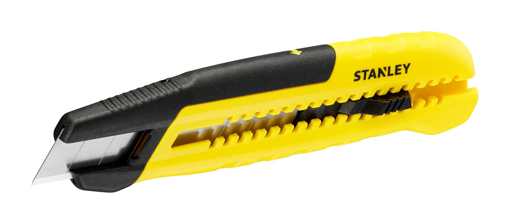 Photo of STANLEY STHT10489 utility knife with yellow and black handle, side view, white background.