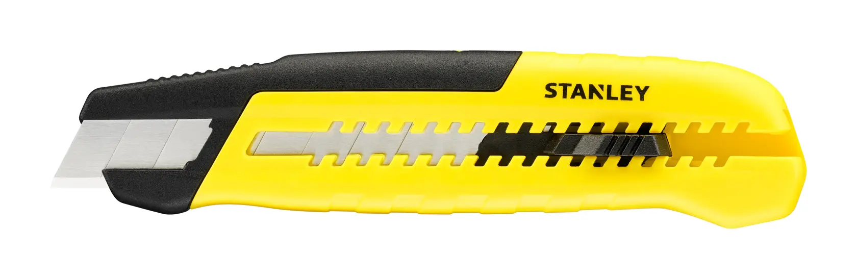 STANLEY STHT10489 utility knife with yellow and black body, retractable blade, side view, white background.