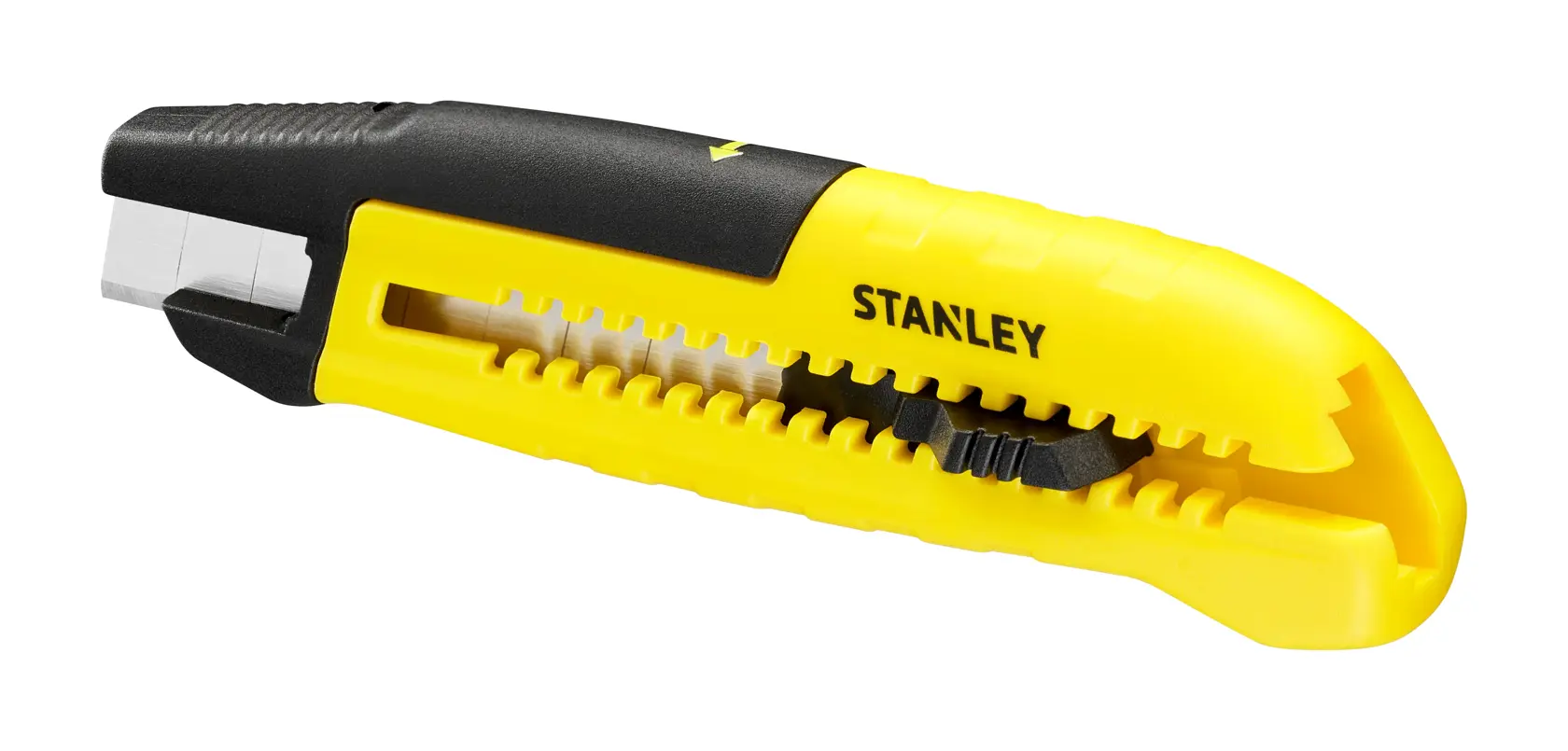 Stanley STHT10489 utility knife with yellow and black handle, angled on white background.