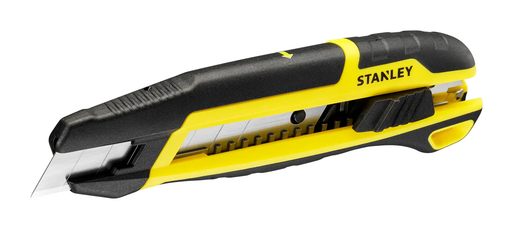 Photo of STANLEY STHT10501-0 utility knife, black and yellow, side angle on white background.