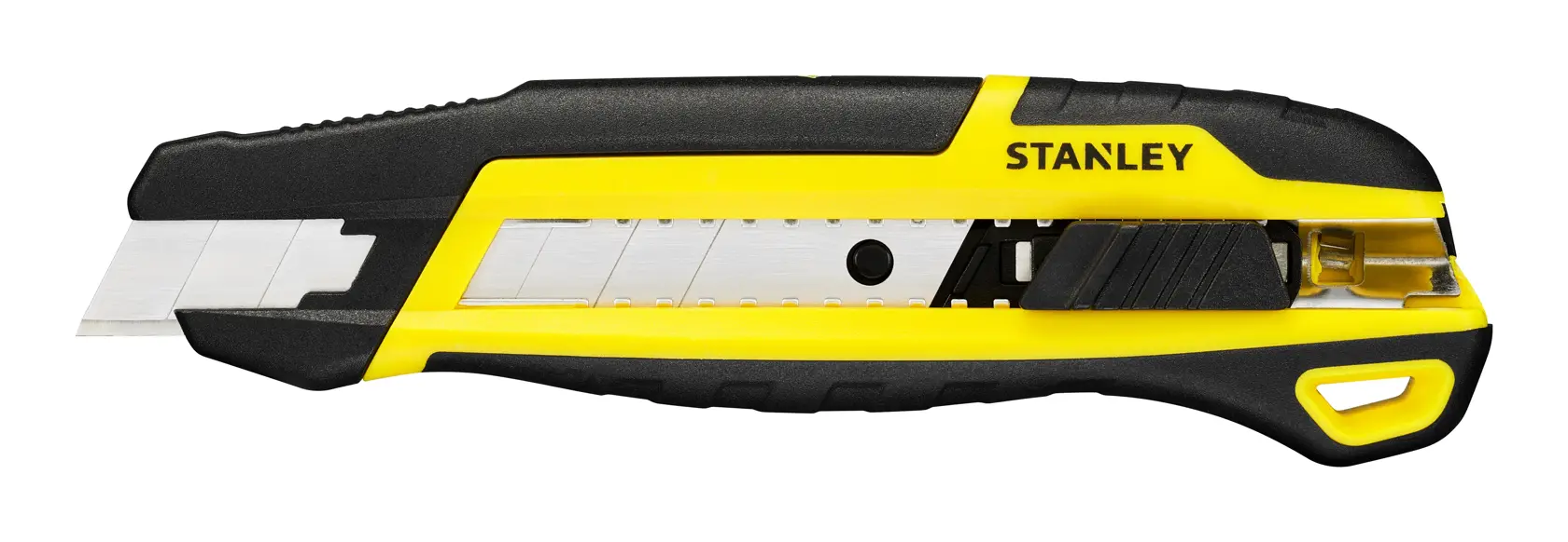 Photo of STANLEY STHT10501-0 snap-off utility knife, yellow and black, side view on white background.