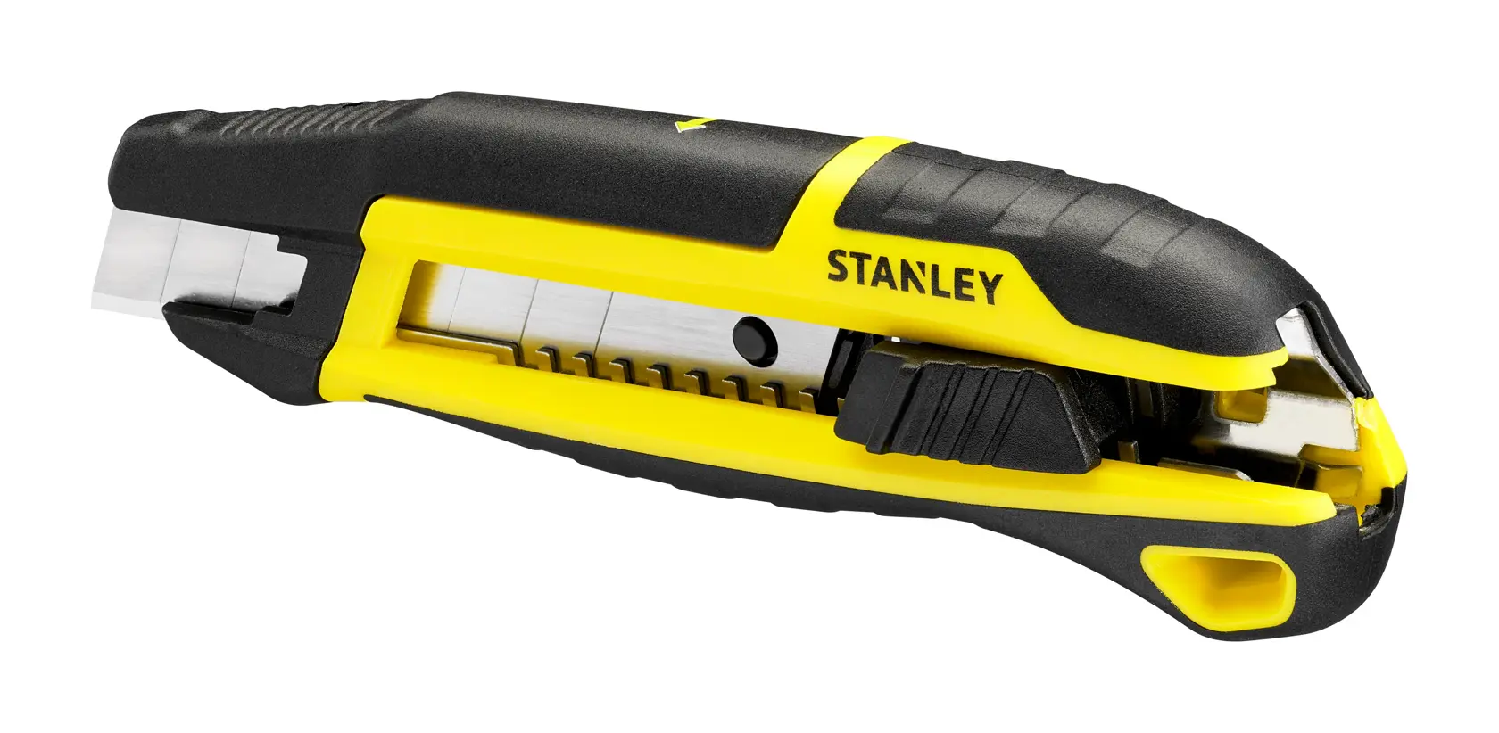 Stanley STHT10501-0 utility knife, yellow and black handle, side angle photo on white background.