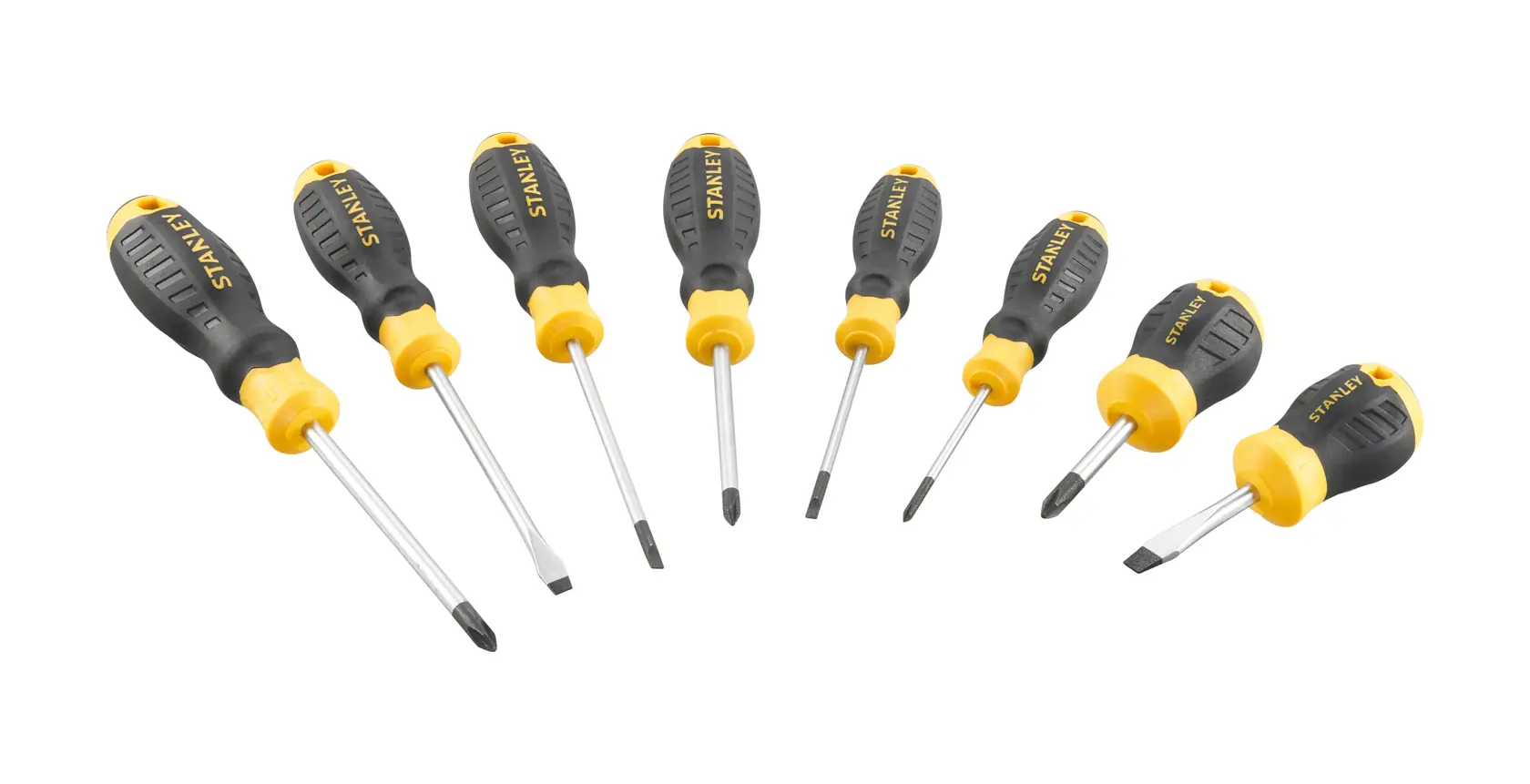 STANLEY STHT16167-0 screwdriver set, eight pieces, black and yellow handles, top view on white background.